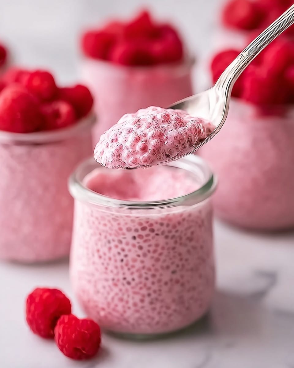 The image shows a close-up of a silver spoon holding a creamy pink raspberry chia pudding, speckled with many tiny chia seeds, with a smooth and slightly bumpy texture. The spoon is above a small clear jar filled with the same pink pudding, with a blurred background of several more jars also filled with the same pudding and topped with bright red raspberries. There are a few fresh raspberries scattered around the jars on a white marbled surface. photo taken with an iphone --ar 4:5 --v 7
