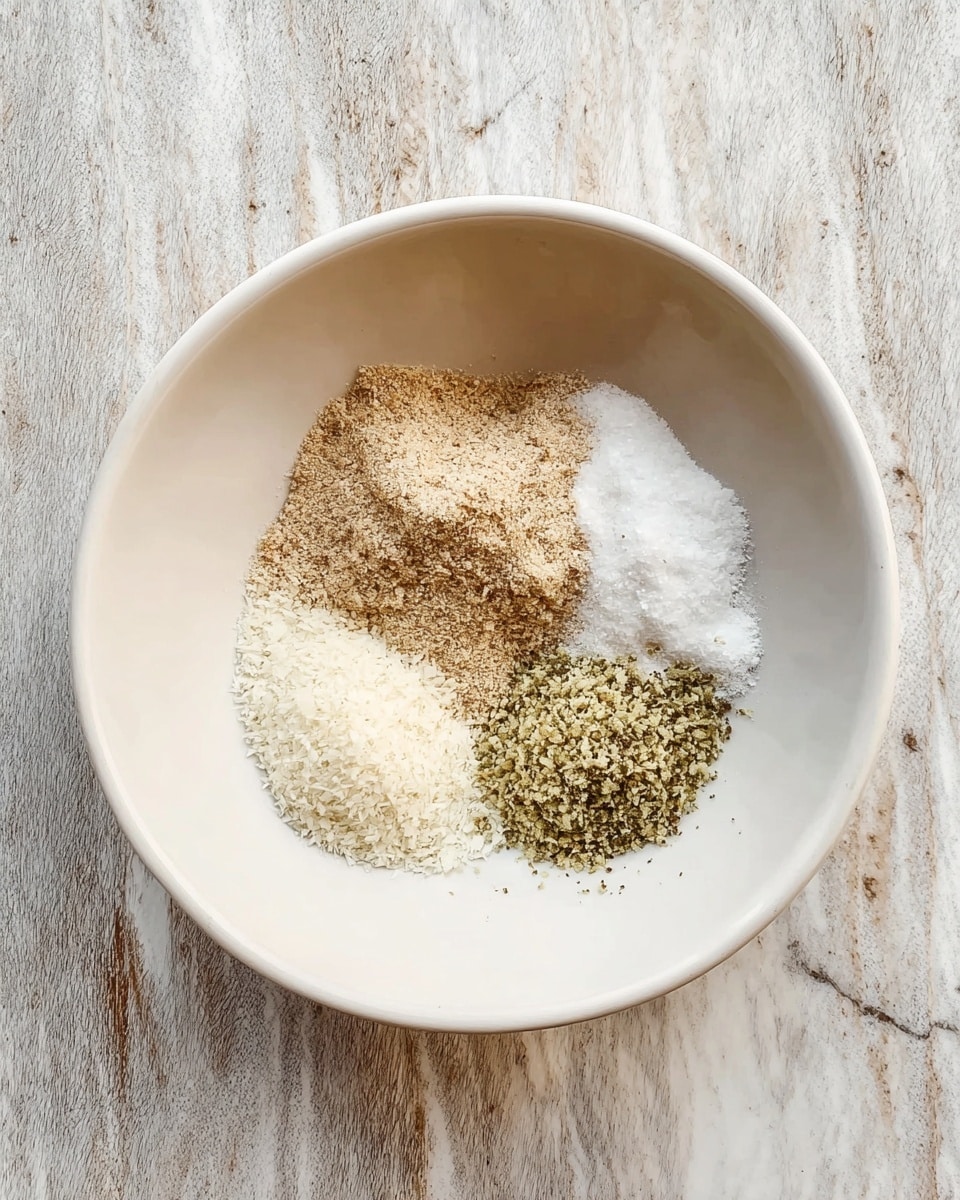 A white bowl holds four distinct powders arranged in separate clusters inside it. The largest cluster is light brown with green flecks, positioned on the right side. Below it is a white, finely grated powder. To the left of that is a small mound of off-white or light tan powder, and next to it is an even smaller pile of white powder. The bowl is placed on a white marbled surface. photo taken with an iphone --ar 4:5 --v 7