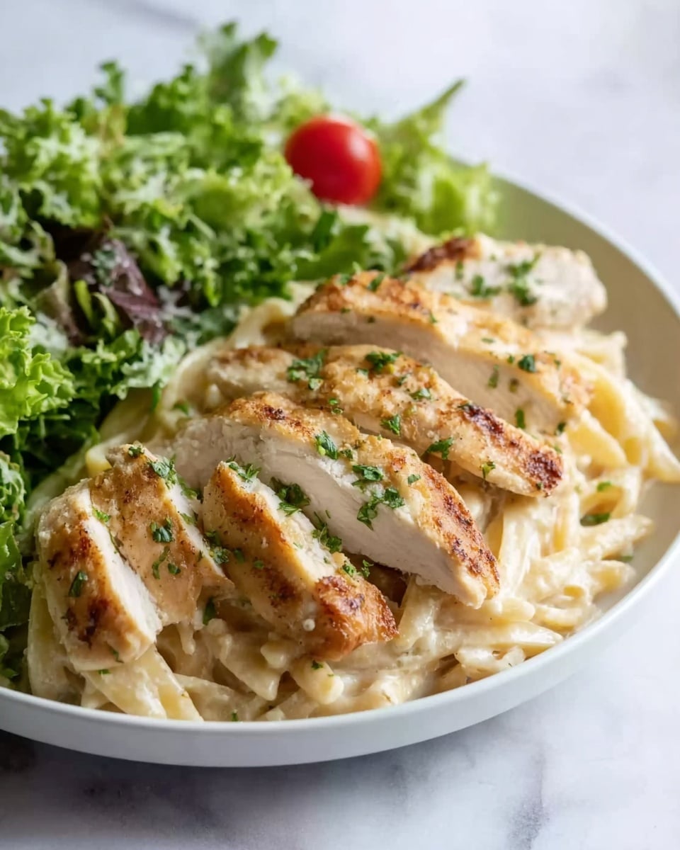 A white plate sits on a white marbled surface, filled with two main layers. The bottom layer consists of creamy pasta coated in a light sauce, with a smooth texture and a pale beige color. On top of the pasta are several slices of cooked chicken, golden brown on the outside with a tender, white inside. The chicken slices are arranged slightly overlapping, sprinkled with finely chopped green herbs. On one side of the plate, a fresh green salad with leafy greens and a few bright red tomato pieces adds a fresh and colorful contrast. Photo taken with an iphone --ar 4:5 --v 7