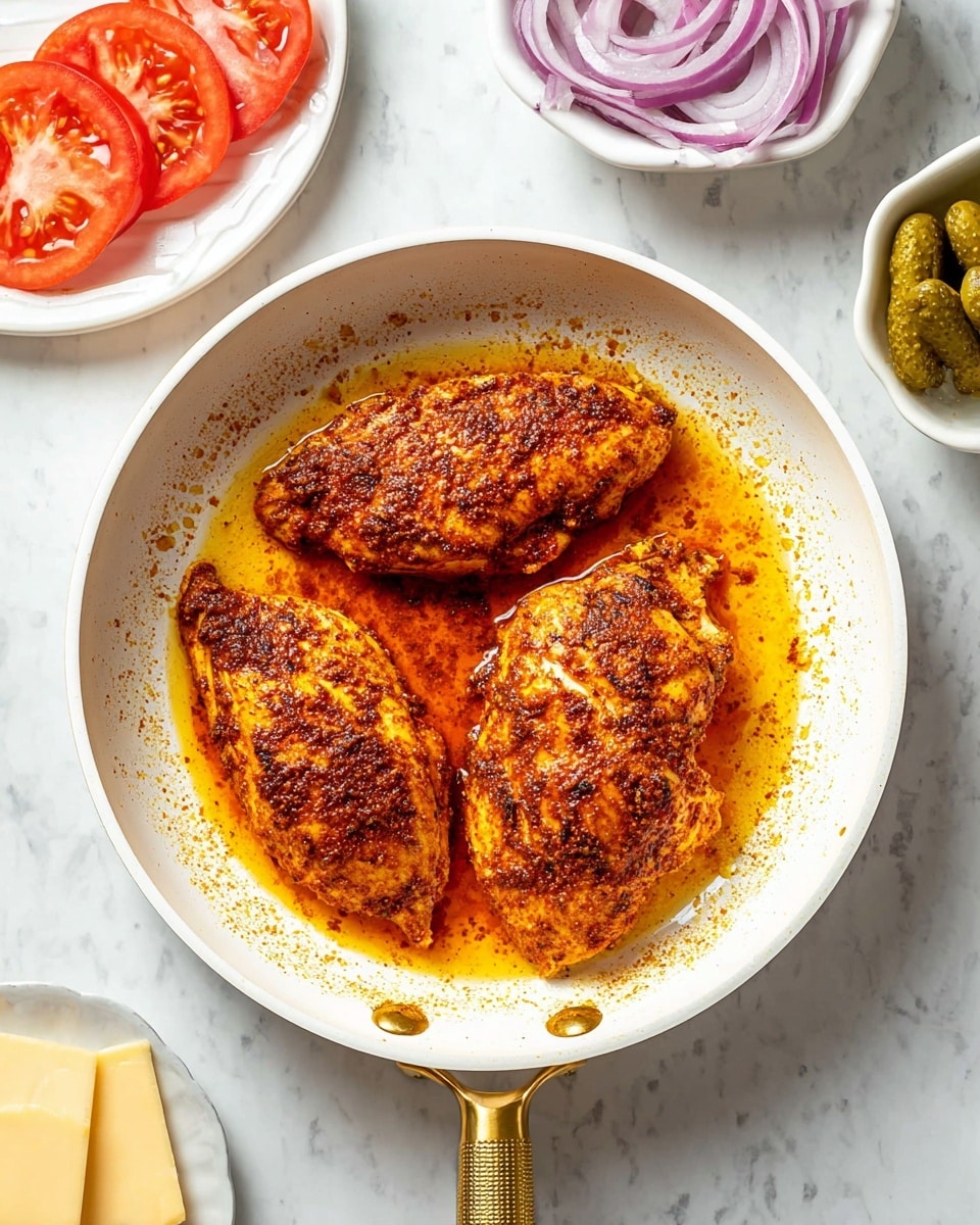The image shows three cooked chicken pieces with a deep reddish-brown spice crust in a white pan with a golden handle. The chicken pieces are evenly spaced and sit in a pool of orange oil and spices that adds a shiny texture to the surface. Around the pan, there are slices of tomato on a white plate at the top, round slices of purple onion and pickles in a small white bowl on the right, and pale yellow cheese slices on a white plate at the bottom left, all arranged on a white marbled surface. photo taken with an iphone --ar 4:5 --v 7
