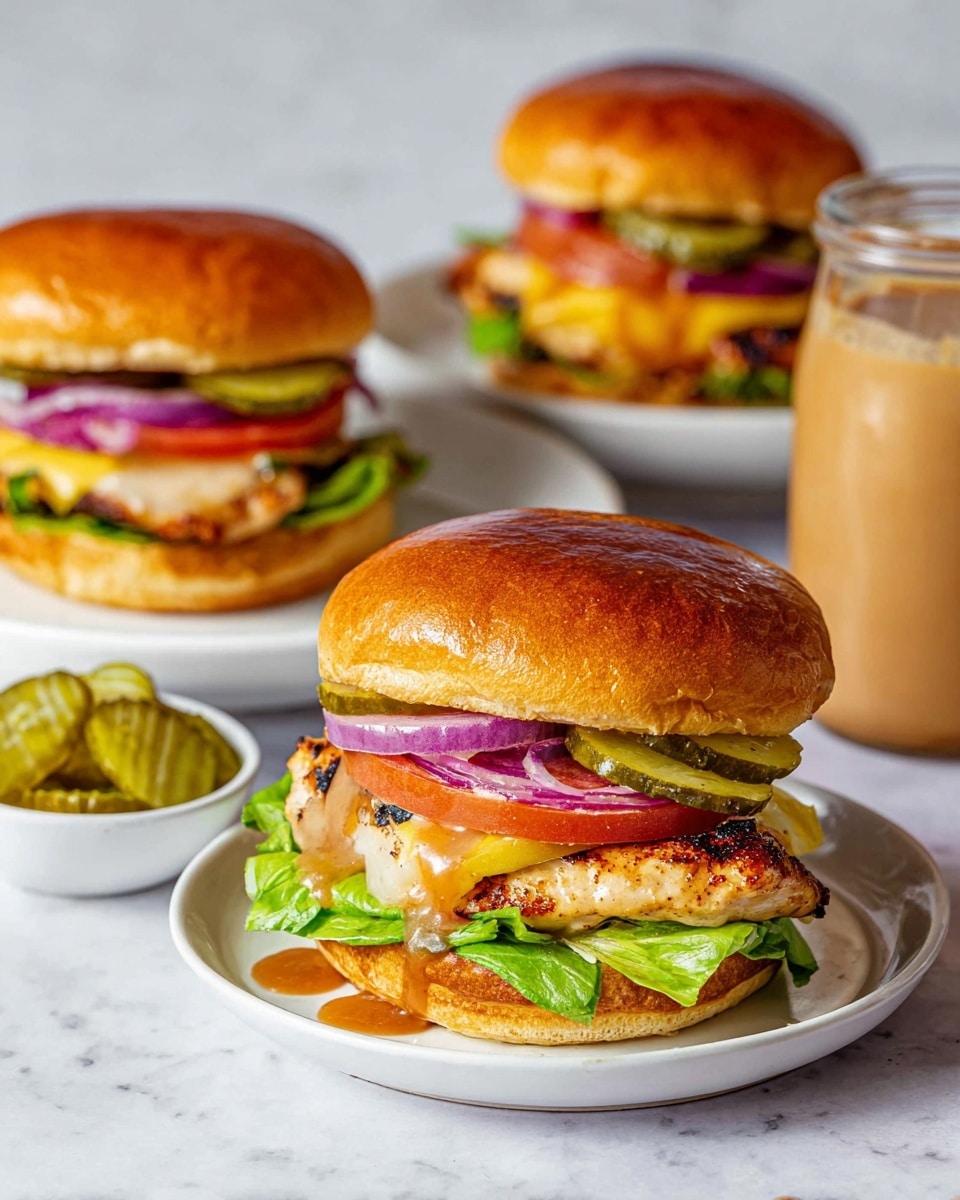Three grilled chicken sandwiches are shown on white plates set on a white marbled surface. Each sandwich has a golden brown shiny top bun, under it are several rings of purple onion, bright green pickle slices, a thick red tomato slice, melted light yellow cheese over a browned grilled chicken fillet, and fresh green lettuce on the bottom bun. A jar with a light brown sauce is in the background, and a small white bowl with extra pickle slices is in the foreground. One sandwich is in the front center on a raised plate, with sauce dripping slightly from it. photo taken with an iphone --ar 4:5 --v 7