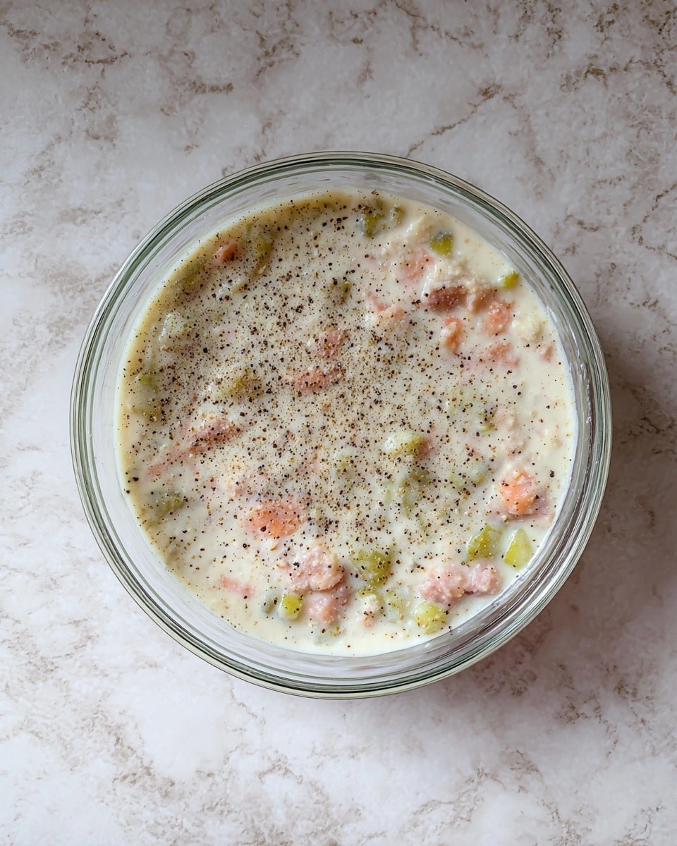 A clear glass bowl sits on a white marbled surface filled with a creamy white liquid layered with small pieces of light pink meat and pale green vegetables scattered throughout. The top of the mixture is sprinkled evenly with tiny black specks of ground pepper. The bowl shows the smooth texture of the creamy liquid with slight unevenness from the ingredients beneath the surface. Photo taken with an iphone --ar 4:5 --v 7
