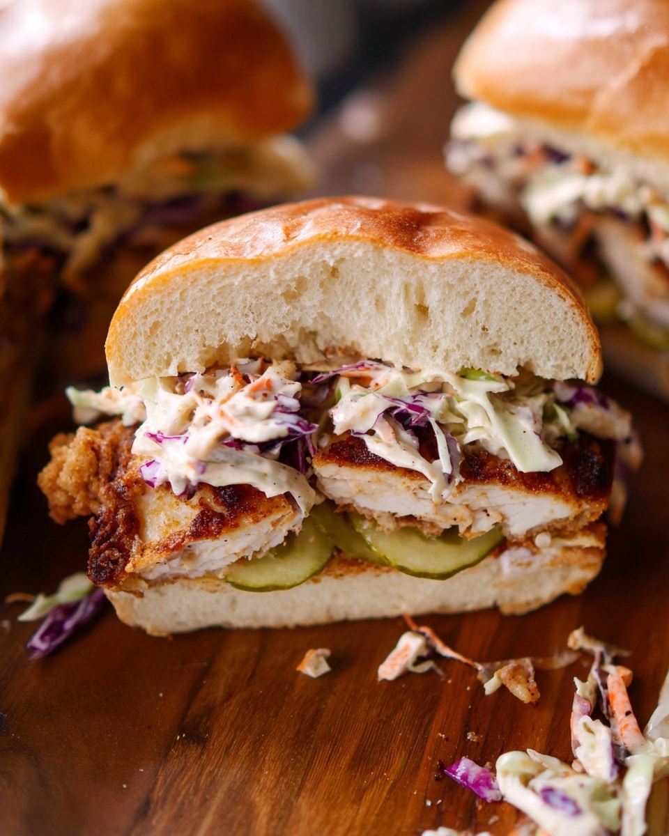 A close-up of a sandwich cut in half, showing four visible layers inside a soft, golden brown bun with a slightly toasted top. The bottom layer is light green pickle slices, followed by a crispy, golden brown fried chicken layer with a textured crust. Above the chicken is a layer of creamy coleslaw containing white and purple cabbage mixed with small carrot strips, adding a creamy and crunchy texture. The sandwich is placed on a wooden surface with small pieces of coleslaw scattered around. Photo taken with an iphone --ar 4:5 --v 7