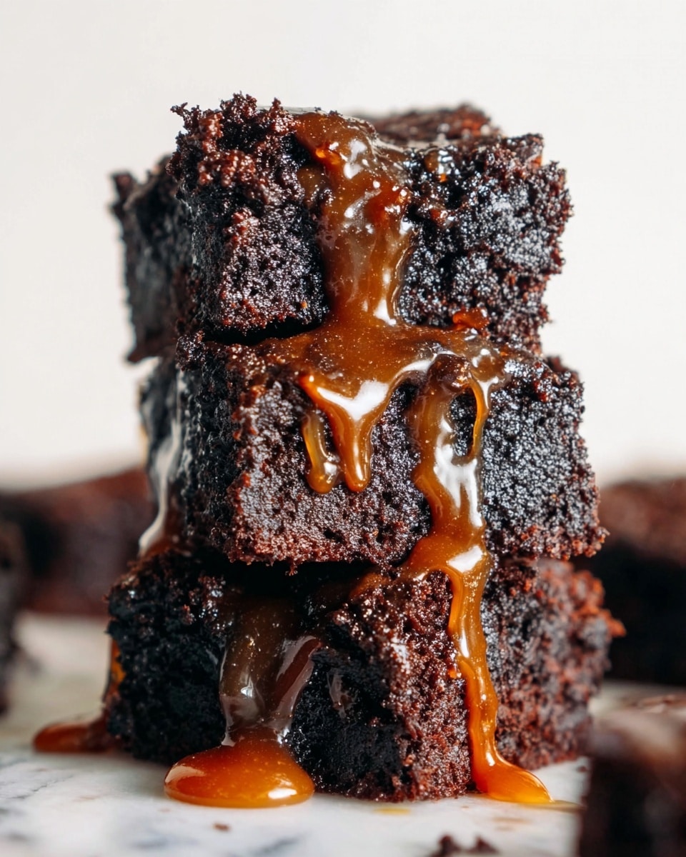 The image shows a stack of three dark chocolate brownies with a rich and moist texture. Each brownie is thick and dense, almost black in color, with a rough surface that shows the cake’s crumbly texture. Golden caramel sauce is dripping down from the top through all three brownies, creating shiny, sticky streams and small puddles at the bottom on the white marbled surface. The background is plain white, making the dark brownies and caramel stand out. Photo taken with an iphone --ar 4:5 --v 7