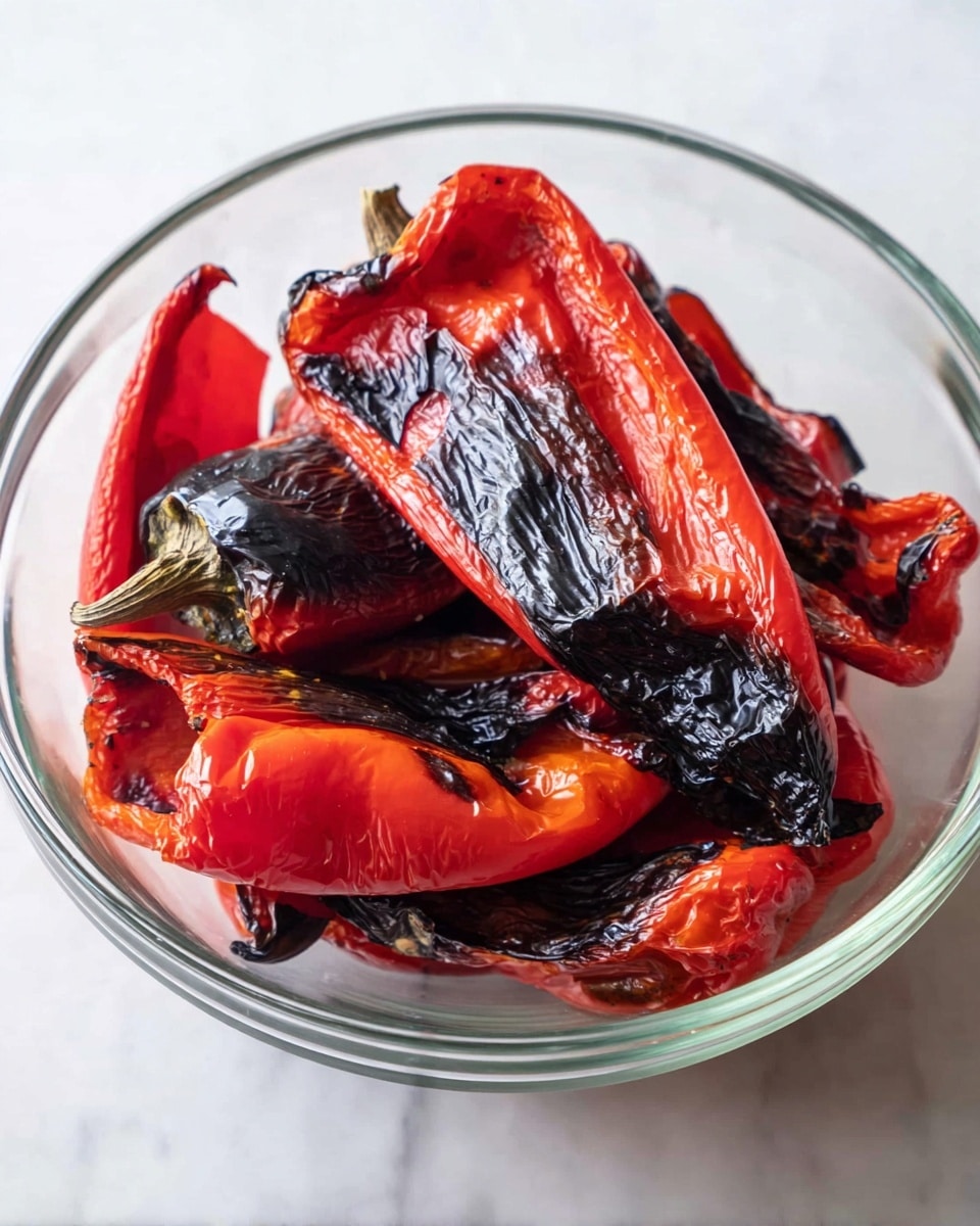 A clear glass bowl holds several pieces of roasted red peppers with blackened char marks on their wrinkled skins. The peppers are layered loosely, showing a mix of bright red and deep black colors, with a slightly shiny, soft texture. The bowl rests on a white marbled surface, creating a clean and simple background. photo taken with an iphone --ar 4:5 --v 7