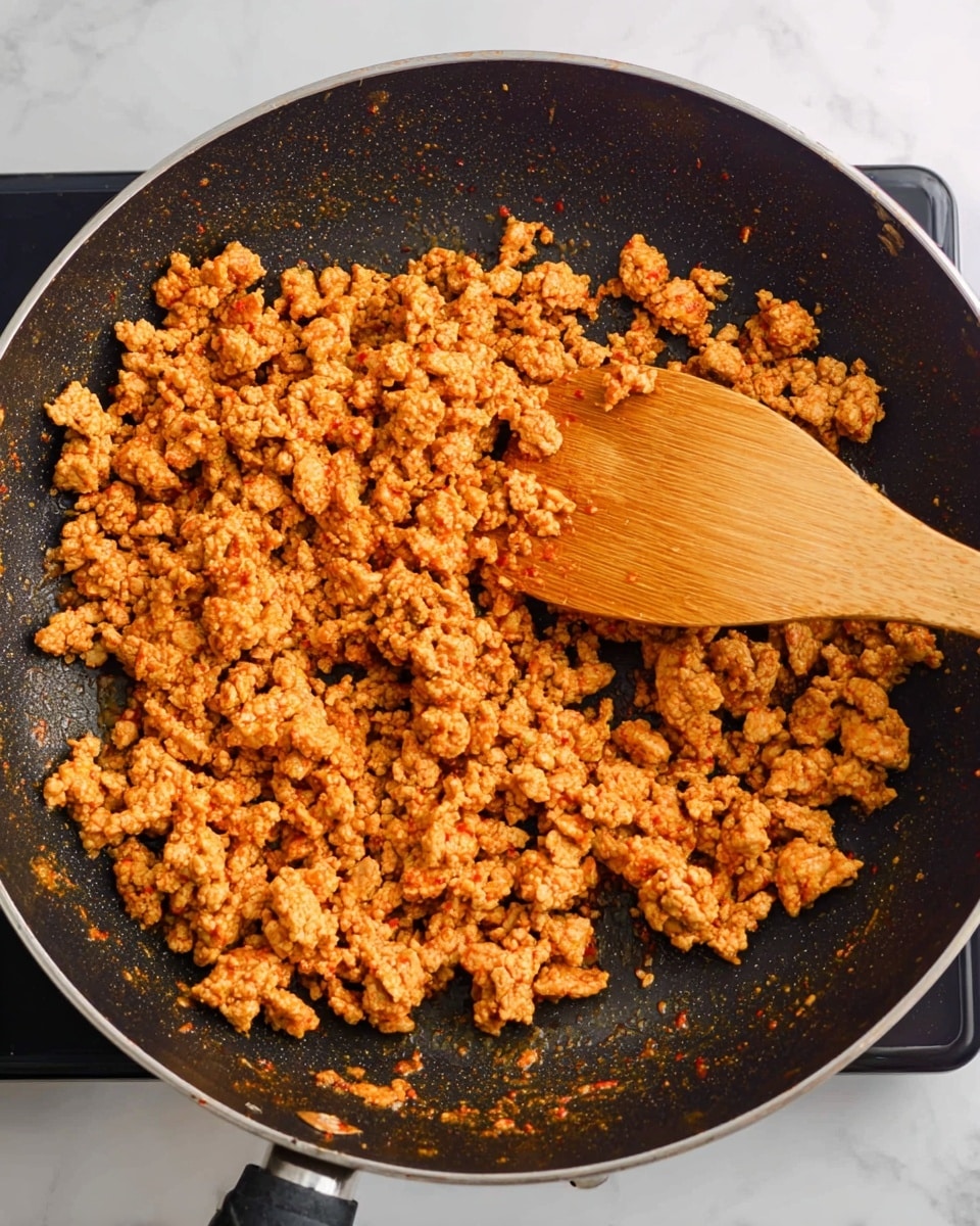 The image shows a black frying pan filled with cooked ground meat, which is golden brown with some red and orange spices giving it a textured and crumbly look. A wooden spatula is stirring the meat from the right side of the pan, with some bits sticking to the spatula's smooth surface. The frying pan sits on a black stove with a small part visible at the bottom. The overall scene is focused on the cooked meat and the spatula inside the pan on a white marbled surface. photo taken with an iphone --ar 4:5 --v 7