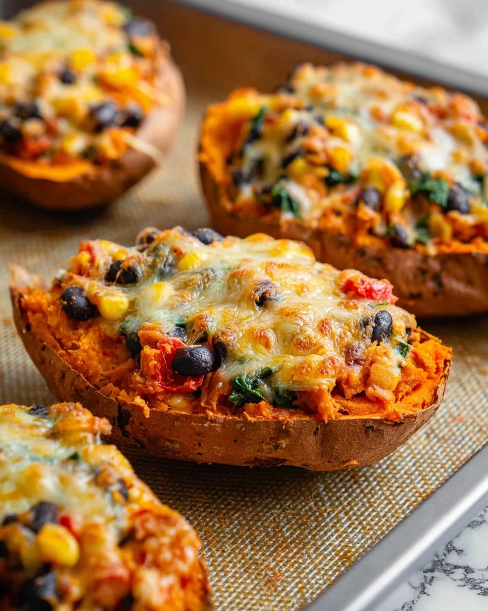 The image shows halves of baked sweet potatoes filled with a colorful mix of ingredients. Each half has three visible layers: the orange soft inside of the sweet potato as the bottom layer, a middle layer with a mix of black beans, corn, red peppers, and greens, giving a mix of black, yellow, red, and green colors, and the top layer is melted golden-yellow cheese covering the filling, slightly browned in spots. The sweet potatoes rest on a textured mat placed on a baking tray. The background is a white marbled texture. photo taken with an iphone --ar 4:5 --v 7