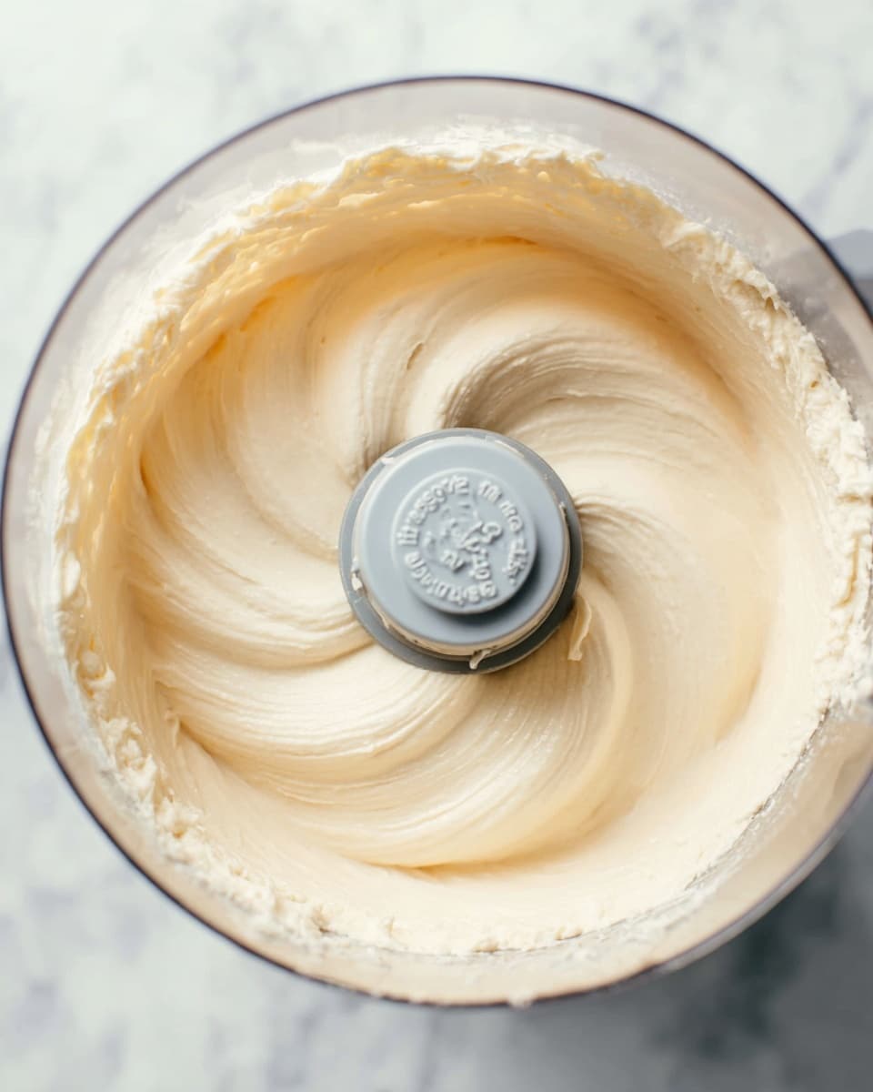 A close-up view from above shows a blender bowl filled with a smooth, creamy mixture that is light beige in color. The mixture is evenly whipped with a soft, thick texture that swirls gently around the central blender blade, which is metallic with a frosted plastic knob in the middle. The background is a white marbled texture, enhancing the clean and fresh look of the scene. photo taken with an iphone --ar 4:5 --v 7