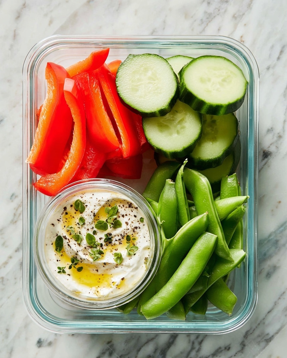 A clear rectangular glass container holds a fresh snack with three sections of vegetables and a small round glass bowl of dip. On the top left, there are bright red bell pepper slices, smooth and shiny with a firm texture. Below them are several rounds of cucumber, pale green inside with darker green skin, sliced evenly and stacked neatly. On the top right, a group of fresh green snap peas, plump with a slightly curved shape and smooth surface, fill that section. The small bowl on the bottom right contains creamy white yogurt dip, swirled with golden olive oil, sprinkled with black pepper and small green herb leaves. The whole container sits on a white marbled surface photo taken with an iphone --ar 4:5 --v 7
