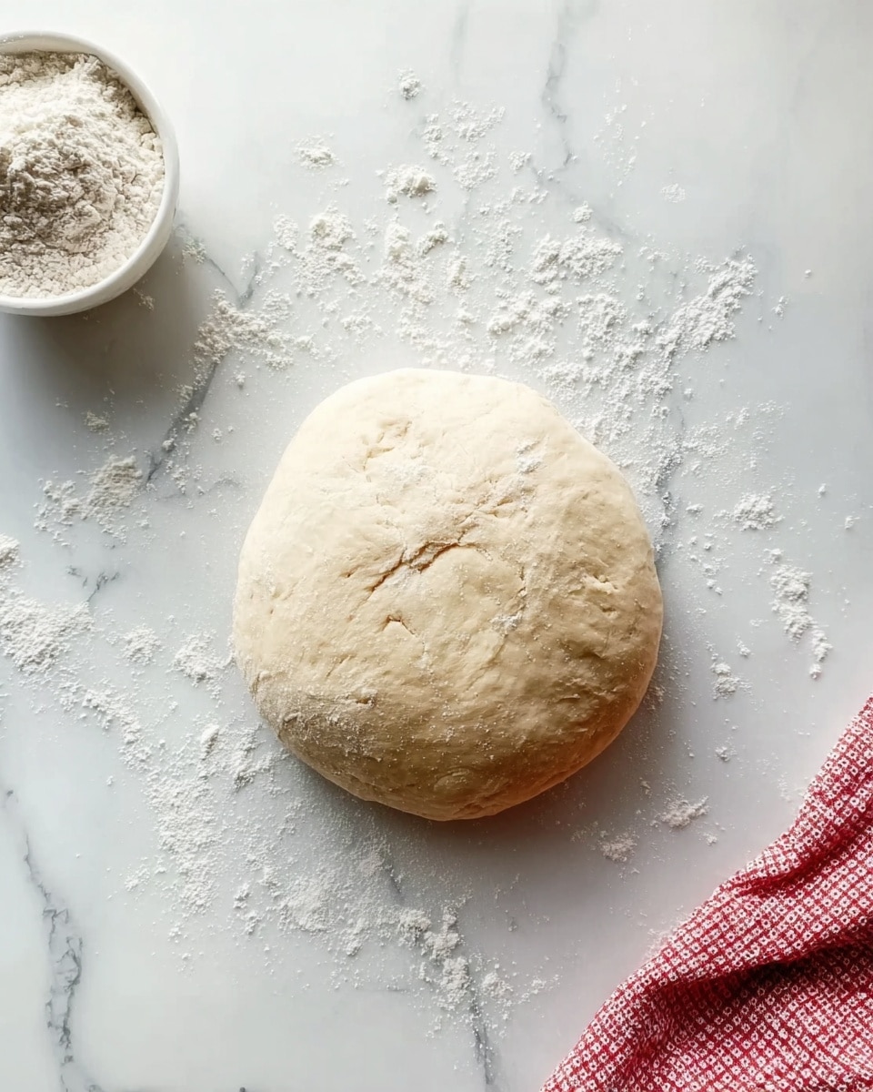 A round ball of dough with a light beige color, smooth but slightly cracked on top, rests on a white marbled surface dusted with white flour scattered around. To the top left, there is a small white bowl filled with flour. At the bottom right corner, a red and white checkered cloth is partly visible. The setting is bright and clean, with soft natural light highlighting the texture of the dough. photo taken with an iphone --ar 4:5 --v 7