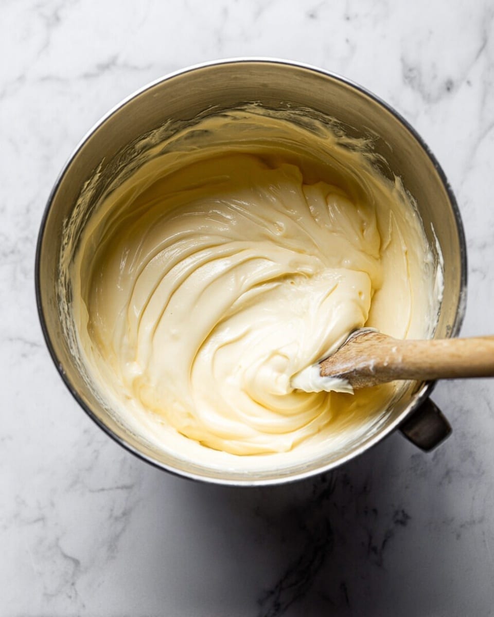 The image shows a silver mixing bowl filled with one creamy layer of light yellow cream, which looks smooth and thick. A wooden spoon with some cream on it is partly inside the bowl on the right side. The bowl is on a surface with a white marbled texture. photo taken with an iphone --ar 4:5 --v 7
