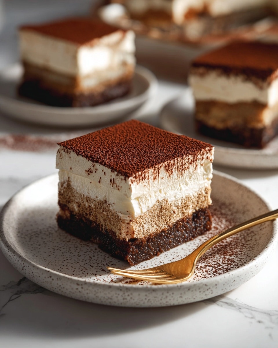 The image shows a square dessert slice placed on a white speckled plate with a gold fork beside it. The dessert has four visible layers: a dark brown bottom layer with a dense, moist texture; above that is a rough, light brown layer; then a thick, creamy white layer; and the top is dusted with fine dark cocoa powder. There are three more similar dessert slices blurred in the background on a white marbled surface. The lighting highlights the creamy texture and cocoa powder, with soft shadows around the dessert. Photo taken with an iphone --ar 4:5 --v 7