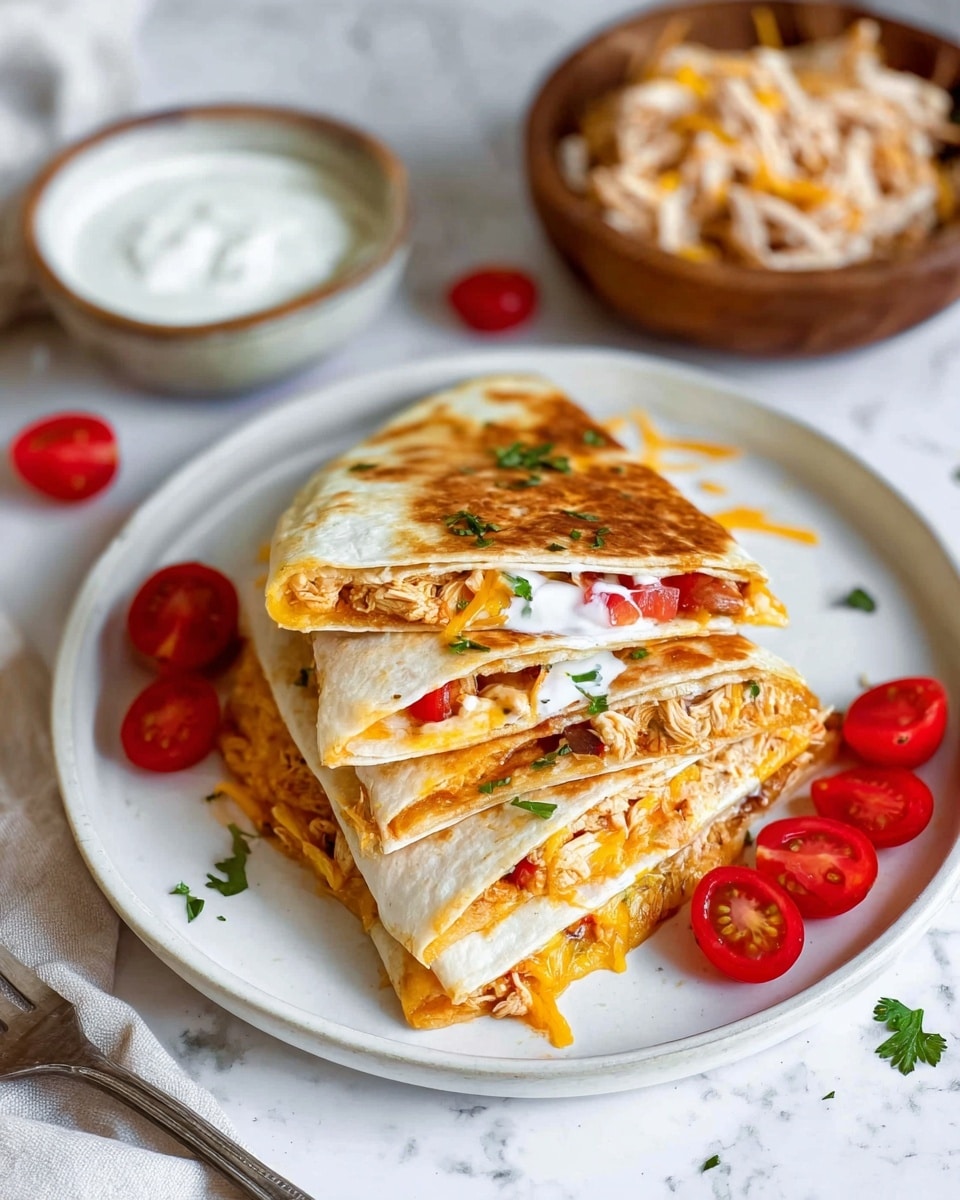 The image shows a white plate with a stack of three quesadilla slices placed on top of a folded quesadilla. Each slice has layers: the outer layer is browned and crispy tortilla, inside there is a mixture of shredded chicken, melted orange cheese, small red tomato pieces, and some green herbs, along with white creamy sauce spread inside. Around the plate, there are small red cherry tomatoes and a silver fork beside the food. In the background, there is a small wooden bowl filled with shredded chicken and a white small bowl with white sauce, all set on a white marbled surface. Photo taken with an iphone --ar 4:5 --v 7