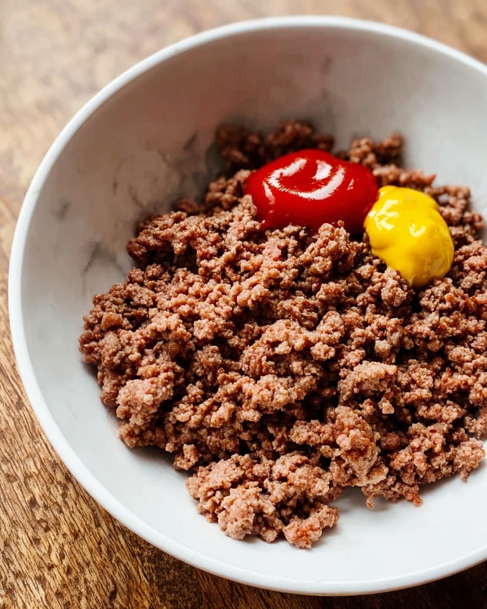A white bowl filled mostly with cooked ground beef that looks crumbly and brown. On top of the beef, there are two separate small dollops of sauce: one is bright red ketchup and the other is yellow mustard. The bowl is placed on a wooden surface, but the background is changed to a white marbled texture. The image is clear and simple, showing only these three main items in the bowl. photo taken with an iphone --ar 4:5 --v 7