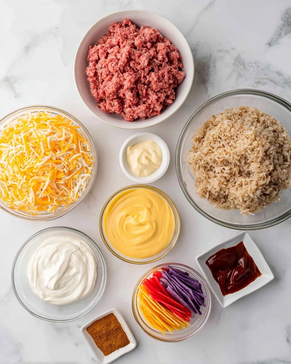The image shows several small bowls and a stack of white tortillas arranged on a white marbled surface. At the top left is a white bowl filled with raw ground meat, reddish-pink in color and soft in texture. Next to it, on the right, is a glass bowl with cooked, brown-tinted rice with long grains. Below the meat bowl, there is a small white ramekin filled with thick white sour cream, and beside it is a small glass bowl with creamy, bright yellow cheese sauce. Next to the cheese sauce bowl is a small glass bowl containing thin, colorful strips of tortilla chips in red, purple, and beige. Below these, there is a tiny white bowl filled with smooth, brown taco seasoning powder, and beside it is a small square white dish with dark red taco sauce. Another small glass bowl with pale yellow mayonnaise sits near the sour cream bowl. At the bottom left corner, a glass bowl contains a mix of shredded yellow and white cheese. The arrangement is neat, with the colors and textures standing out well on the white marbled surface. photo taken with an iphone --ar 4:5 --v 7