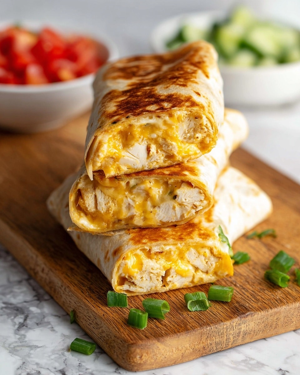 Three toasted wraps stacked on a wooden board with a white marbled texture underneath; the top wrap is cut in half, showing three layers inside: a creamy light yellow cheese layer, a tender white chicken layer mixed with melted yellow cheese, and the golden-brown toasted outer wrap that is slightly crispy. Some chopped green onions are scattered to the side, with a blurred white bowl of diced red tomatoes and green cucumbers in the background. Photo taken with an iphone --ar 4:5 --v 7