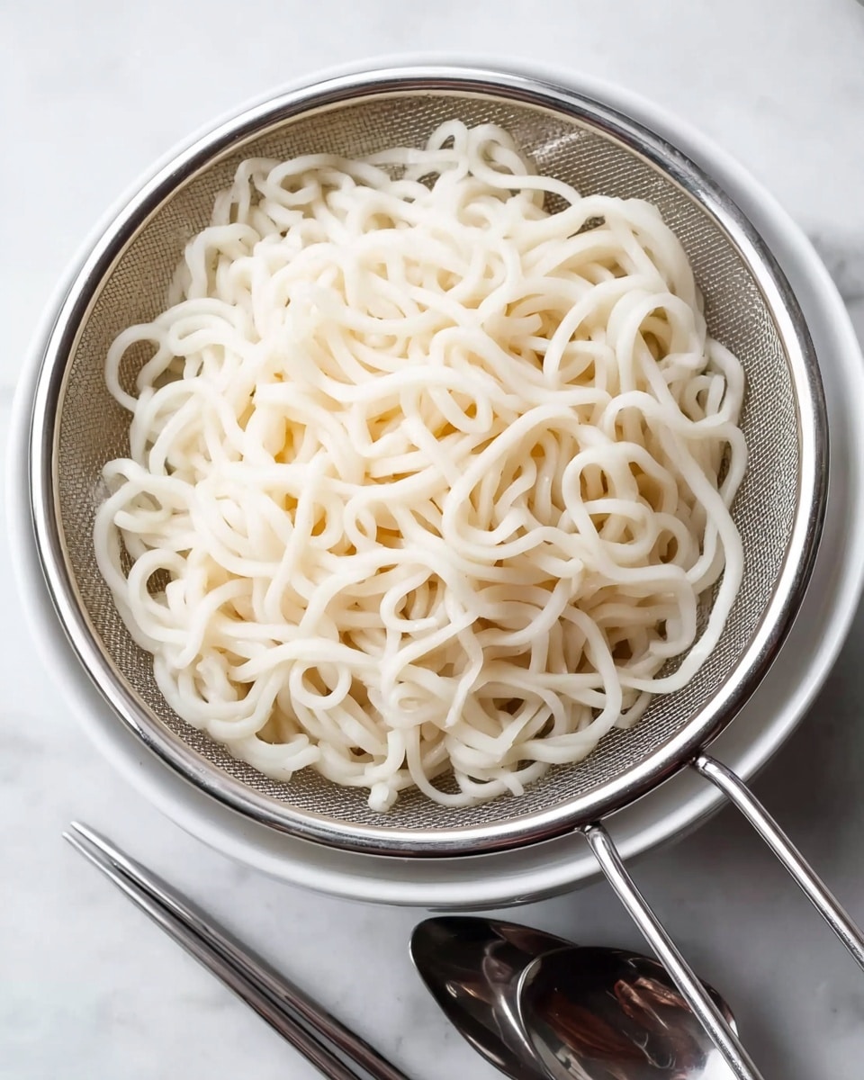 A close-up image of thick white noodles with a smooth and slightly glossy texture placed inside a silver metal strainer with fine mesh, which rests over a white bowl. To the right of the bowl, there are a pair of shiny silver chopsticks and a silver spoon resting on a white marbled surface. The noodles are piled loosely in the strainer, showing their round, soft, and slightly twisted shapes. The photo taken with an iphone --ar 4:5 --v 7