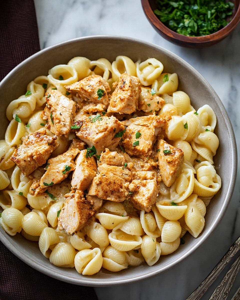 The dish shows a bowl filled with two main layers: the bottom layer has small, pale yellow shell pasta that looks soft and slightly shiny, filling most of the bowl. On top of the pasta, there are golden-brown pieces of cooked chicken with a slightly shiny and seasoned surface, scattered evenly in the center. Small green herb bits are sprinkled lightly over the chicken, adding a touch of color. The bowl is white, set on a white marbled surface, with a small bowl of chopped greens and some silverware visible beside it. Photo taken with an iphone --ar 4:5 --v 7