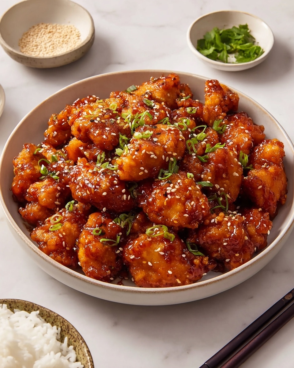 A large white bowl filled with golden-brown fried chicken pieces covered in shiny reddish-brown sauce, each piece sprinkled with small green sliced scallions and white sesame seeds, creating a textured and colorful top layer on the chicken. The bowl is placed on a white marbled surface with a small white bowl of white rice in the bottom left corner and two small white bowls in the top background, one holding sesame seeds and the other holding chopped green herbs. A pair of black chopsticks is placed next to the rice bowl on the white marbled surface. Photo taken with an iphone --ar 4:5 --v 7