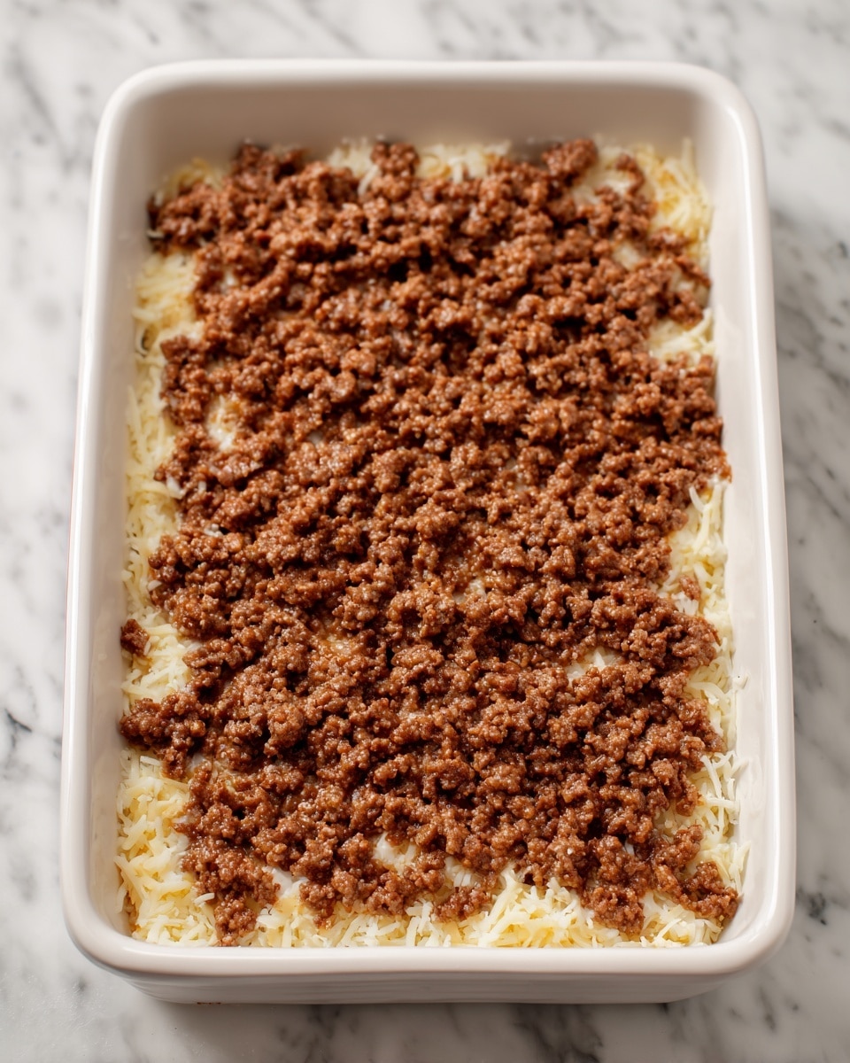 The image shows a white rectangular baking dish filled with two visible layers. The bottom layer is made of shredded cheese, which is a mix of white and pale yellow colors, peeking out slightly under the top layer. The top layer consists of cooked ground meat, spread evenly across the cheese, and has a rich, brown, crumbly texture. The dish is placed on a white marbled surface. photo taken with an iphone --ar 4:5 --v 7