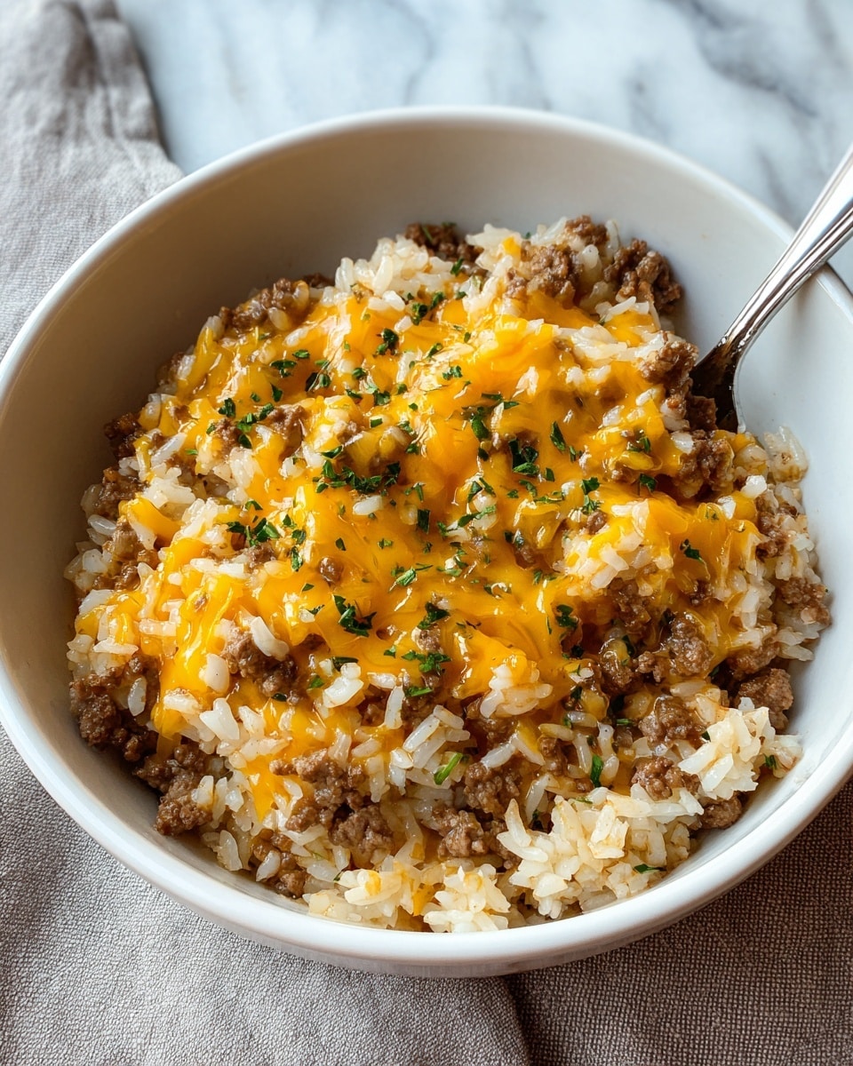 In a white bowl, there is a one-layer dish of cooked white rice mixed evenly with browned ground meat, topped with melted yellow cheese that spreads softly over the surface, and sprinkled with small pieces of chopped green herbs, all resting on a white marbled textured surface with part of a silver spoon visible inside the bowl. photo taken with an iphone --ar 4:5 --v 7