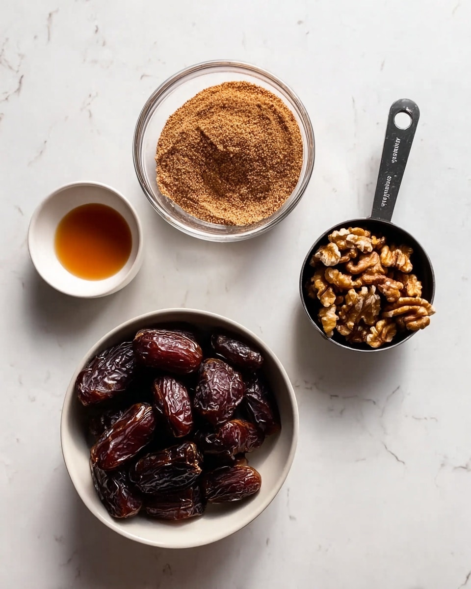 The image shows four small white bowls on a white marbled surface. The largest bowl at the bottom is filled with dark brown dates, glossy and wrinkled, showing their rich texture. Above it, there is a clear glass bowl filled with light brown powder, which looks smooth and fine. To the right of the glass bowl, a black measuring cup holds several whole walnut halves, showing a rough texture and warm brown color. To the left of the measuring cup, there is a small white bowl with a shiny amber liquid inside. The scene is bright and clean, with soft natural light. photo taken with an iphone --ar 4:5 --v 7