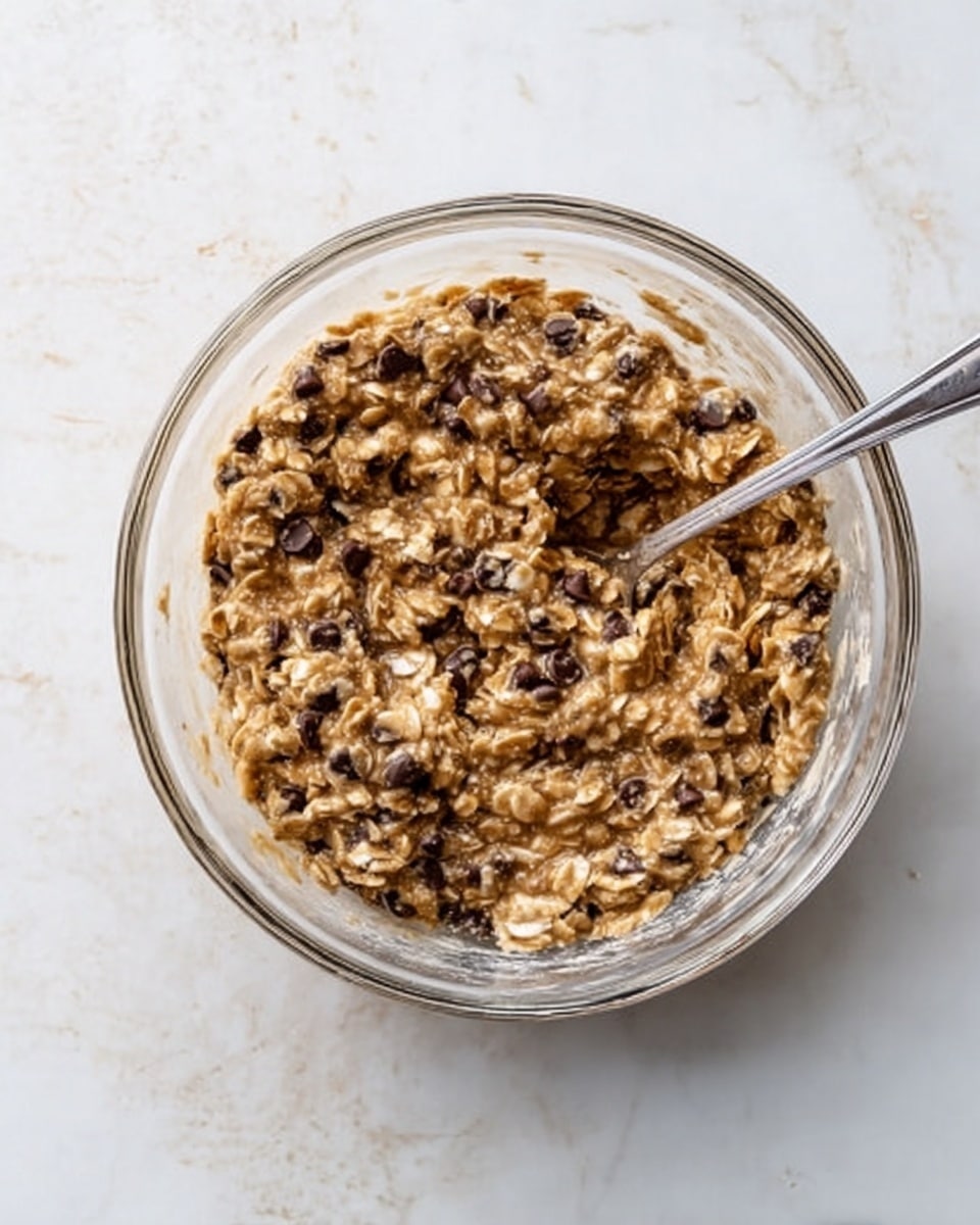 A clear glass bowl filled with a thick mixture of oats and chocolate chips, the mixture is light brown with darker spots from the chocolate. A spoon is resting inside the bowl, slightly covered with the mixture. The bowl is placed on a white marbled surface. photo taken with an iphone --ar 4:5 --v 7