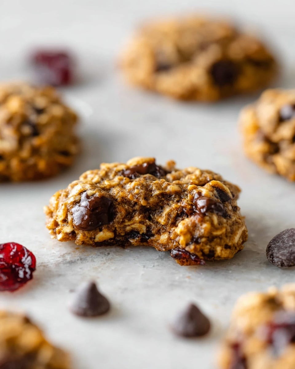 A close-up image shows a single oatmeal cookie with a bite taken out of the front, revealing a moist and dense inside with bits of rolled oats and dark chocolate chips. The cookie is golden brown with a rough, textured surface and scattered darker spots of chocolate and dried cranberries. In the background, several whole cookies blur softly against a white marbled surface. Some out-of-focus chocolate chips and dried cranberries lay on the same surface in the foreground. The lighting is natural, highlighting the shiny and slightly sticky texture of the cookie. photo taken with an iphone --ar 4:5 --v 7
