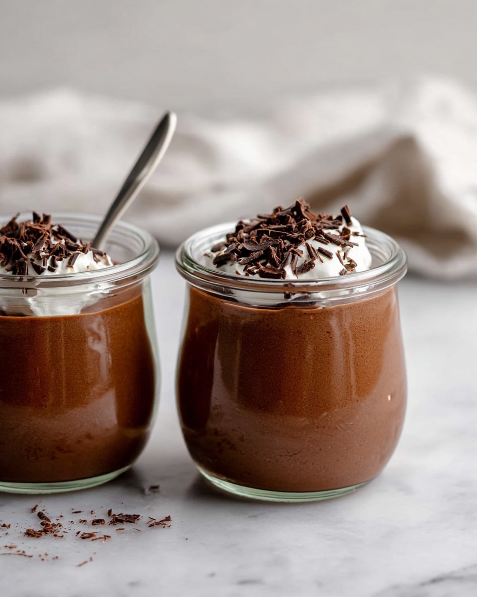 Two clear glass jars sit side by side on a white marbled surface. Each jar is filled with a smooth, dark brown chocolate mousse layered evenly inside. On top of the mousse, there is a small dollop of white whipped cream with dark chocolate shavings sprinkled over it. One jar has a silver spoon sticking out from the center. A soft white cloth is blurred in the background. The lighting is bright and natural, highlighting the creamy textures and rich colors of the mousse. photo taken with an iphone --ar 4:5 --v 7
