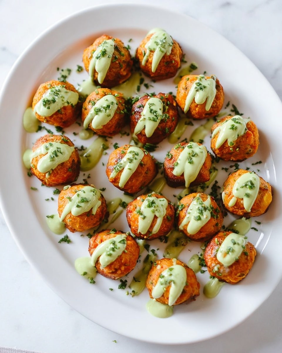 The image shows a white plate with 20 small, round, orange-brown baked balls arranged in neat rows. Each ball is topped with a smooth, light green sauce drizzled across them. There are small green herb pieces scattered over the balls and plate, adding a fresh touch. The plate sits on a white marbled surface, and the lighting is bright, highlighting the textures and colors clearly. photo taken with an iphone --ar 4:5 --v 7