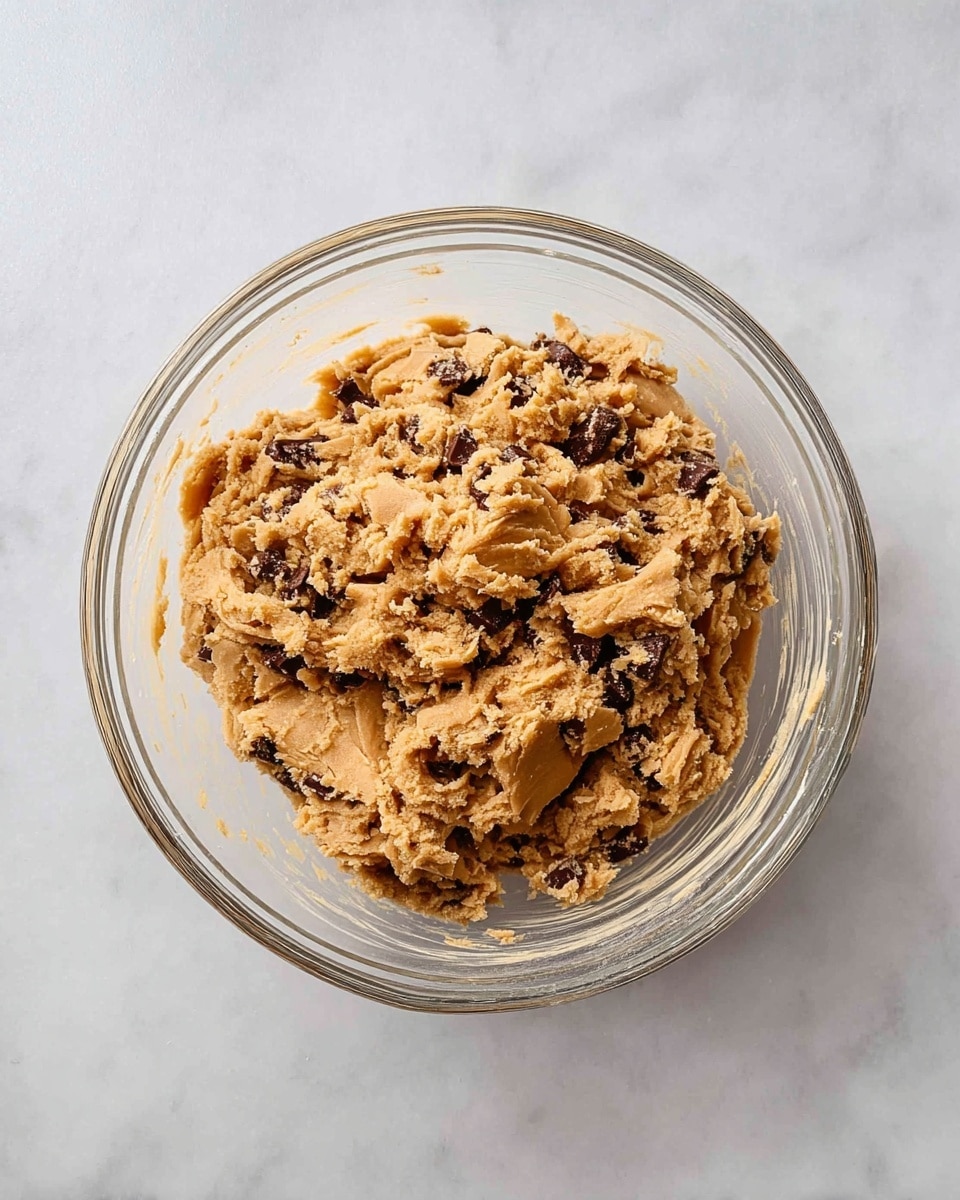 A clear glass bowl filled with a textured mix of light brown cookie dough containing visible dark chocolate chunks scattered throughout. The dough looks thick and slightly crumbly with some smoothed areas, showing a dense consistency. The bowl sits on a white marbled surface, and soft natural light highlights the rich colors of the dough and chocolate pieces inside. photo taken with an iphone --ar 4:5 --v 7
