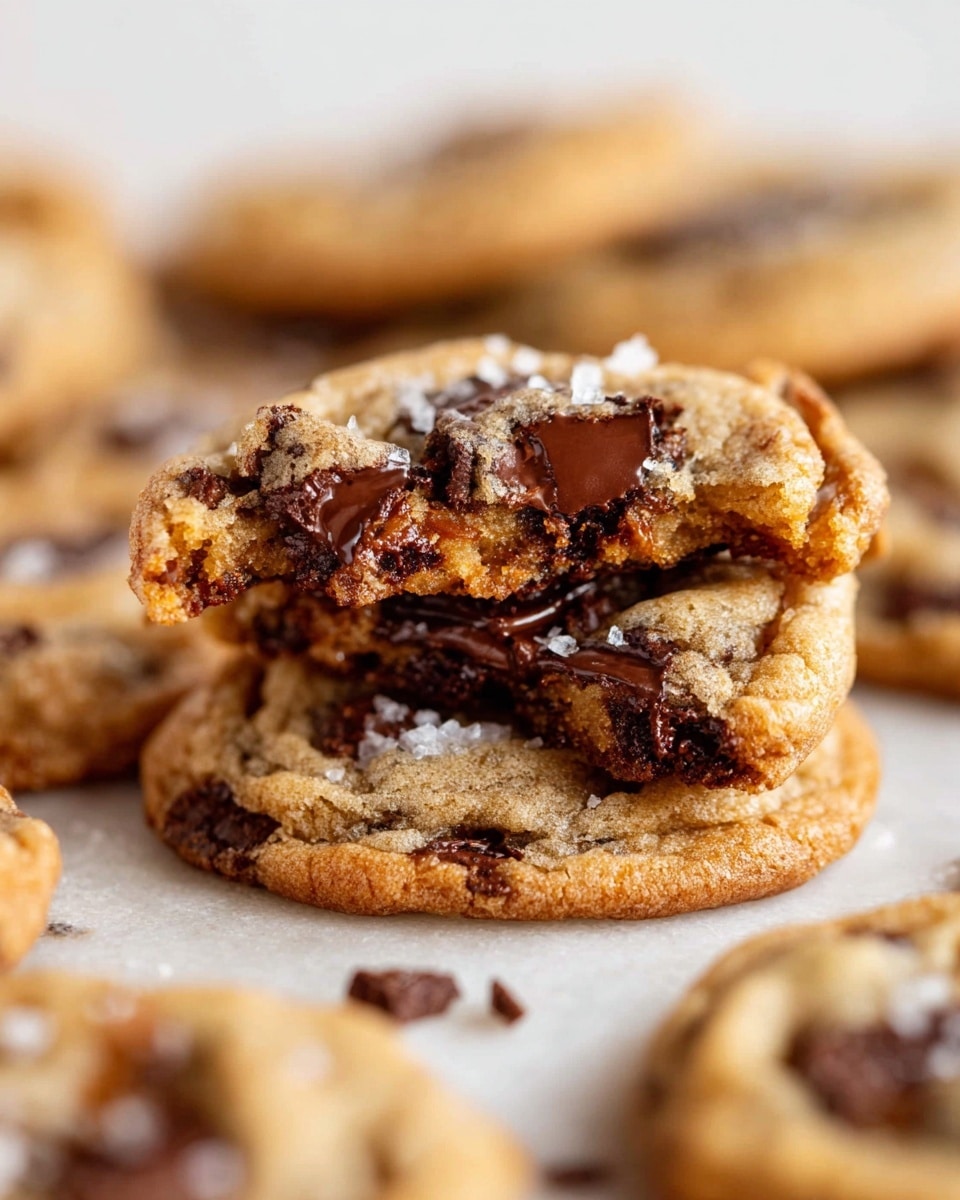 A close-up view of a stack of two thick, golden-brown chocolate chip cookies, with the top cookie broken in half showing melted dark chocolate chunks inside. The cookies have a chewy texture with slightly crisp edges. Around the stack, more whole and broken cookies are scattered on a white marbled surface. The melted chocolate is shiny and rich, contrasting with the soft cookie dough. Small flakes of sea salt are sprinkled on the top cookie, adding a touch of white against the golden and dark brown colors. Photo taken with an iphone --ar 4:5 --v 7