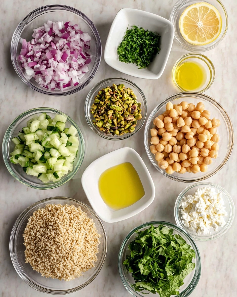 A top-down view of nine small bowls arranged in a rough circle on a white marbled surface, each containing a different ingredient: diced red onions in a clear glass bowl, yellow lemon juice in a white square bowl, chopped green pistachios in a white square bowl, chopped fresh green cilantro in a clear glass bowl, golden chickpeas in a white bowl, chopped green cucumber in a clear glass bowl, yellow olive oil in a white bowl, white crumbled cheese in a white bowl, chopped fresh green mint in a clear glass bowl, and cooked light brown quinoa in a clear glass bowl. photo taken with an iphone --ar 4:5 --v 7