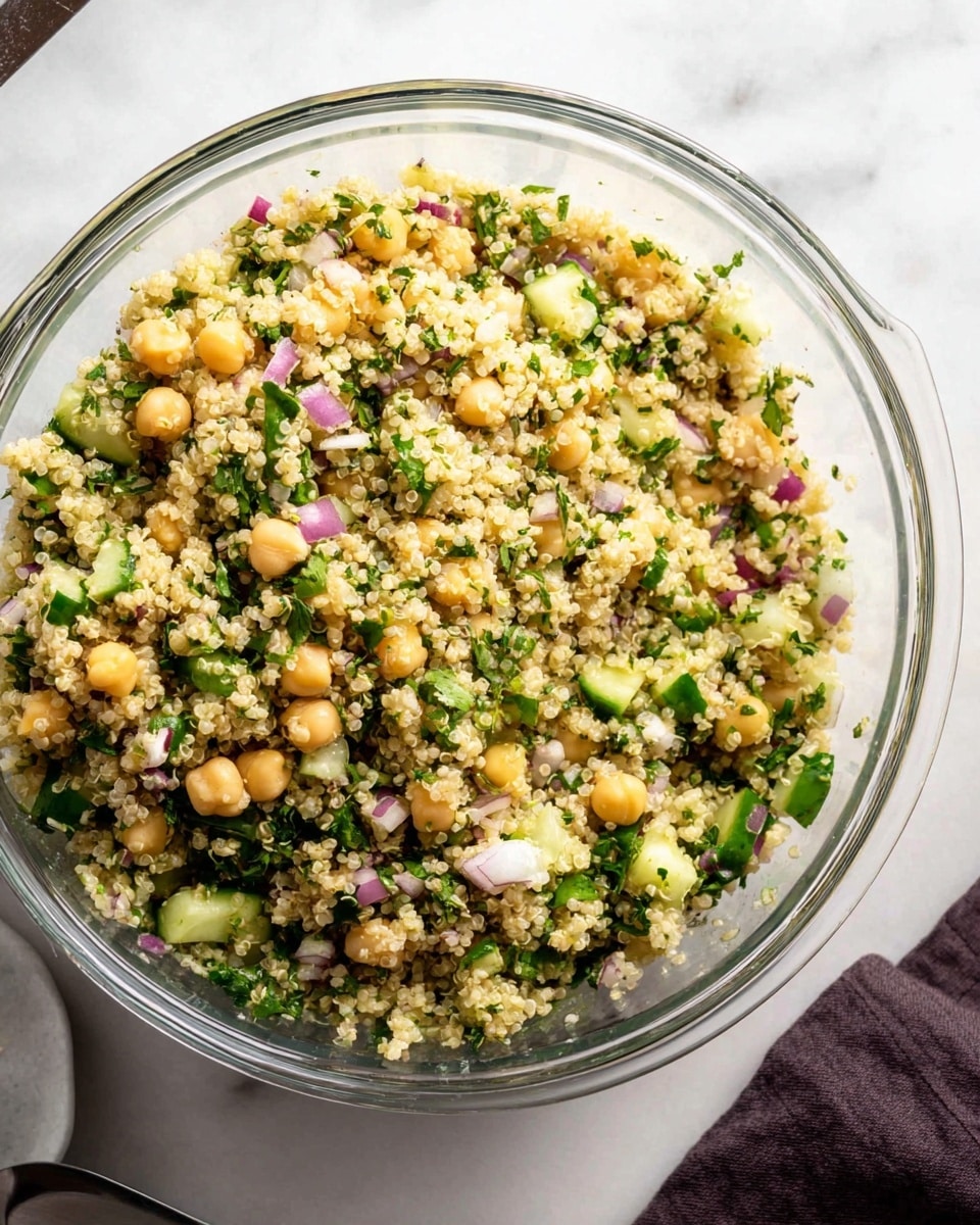 A clear glass bowl filled with a quinoa salad showing one main layer of mixed ingredients including fluffy, small grain quinoa in pale beige, scattered chickpeas in light tan, chopped green herbs, diced cucumber in light green, and small pieces of red onion adding spots of purple and white. The textures look fresh and slightly moist with the herbs and vegetables creating a varied and colorful mix. The bowl is set on a white marbled surface with part of a dark cloth visible nearby. photo taken with an iphone --ar 4:5 --v 7