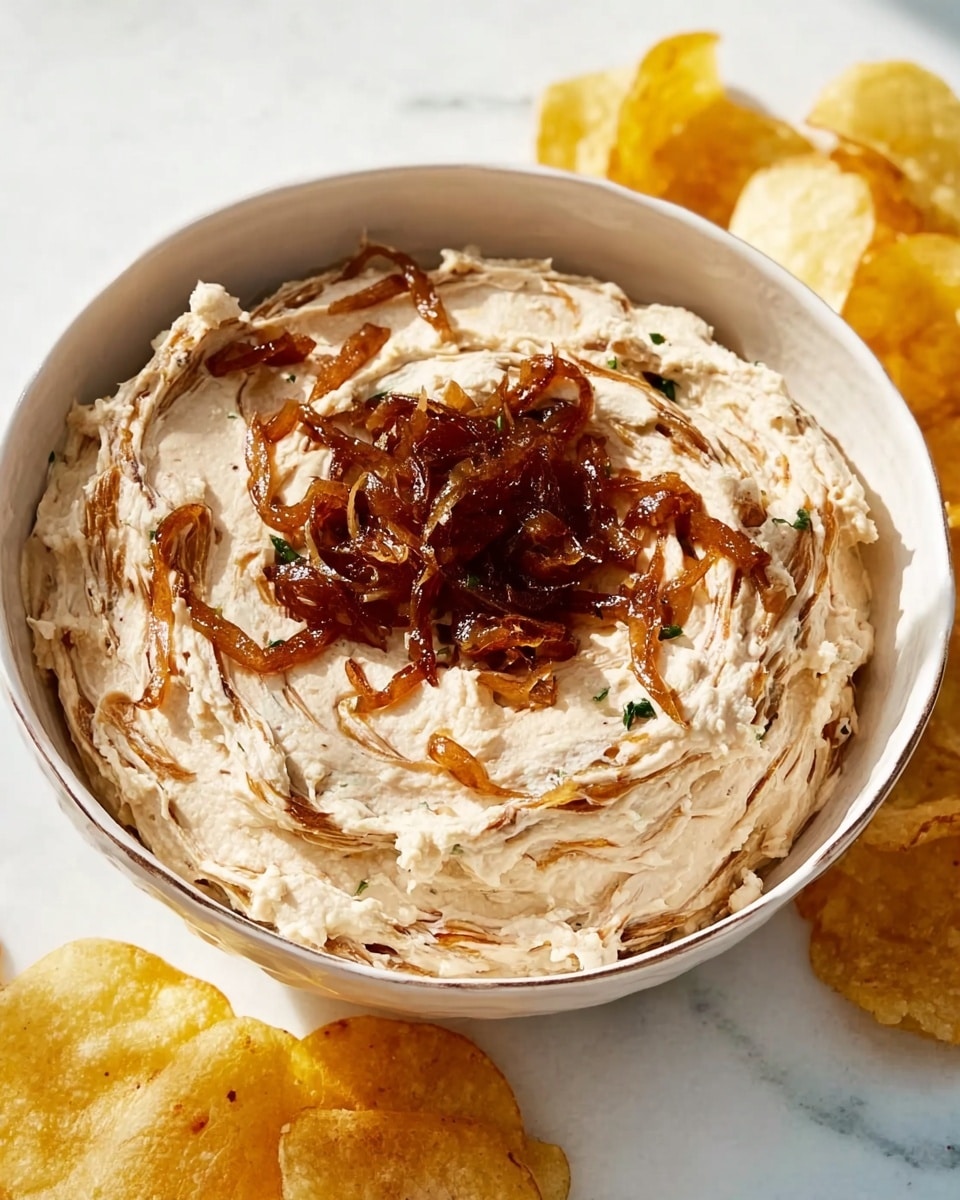 The image shows a white bowl filled with a creamy, light beige spread that has thin, swirled streaks of darker brown throughout, giving it a textured look. The spread is topped with a few small, scattered pieces of caramelized or cooked onion, which are shiny and dark brown. The bowl rests on a white marbled surface, with some light yellow potato chips placed to the side. The lighting is bright and natural, highlighting the creamy texture and glossy onion pieces. photo taken with an iphone --ar 4:5 --v 7