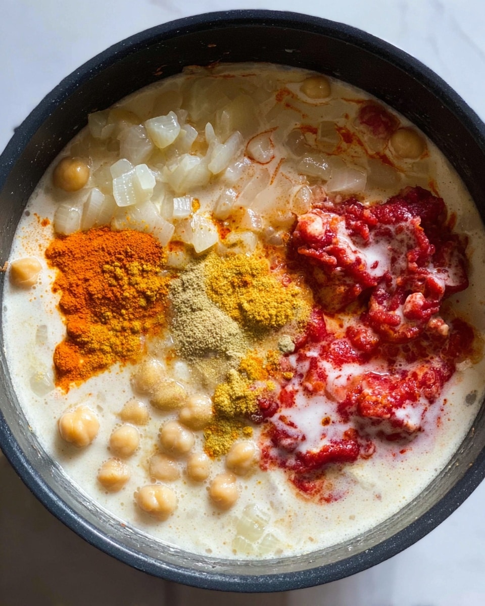 The image shows a black pot filled with a mix of ingredients before cooking. At the base is a creamy white liquid that almost fills the pot. Floating on top are small white chickpeas and finely chopped white onions, scattered evenly throughout the liquid. There are several bright orange and yellow spice powders sprinkled in different spots, creating patches of vibrant color. On one side, there is a swirl of raw bright red minced meat with some creamy white sauce covering parts of it. The mixture looks ready to be stirred and cooked, set against a white marbled surface. photo taken with an iphone --ar 4:5 --v 7