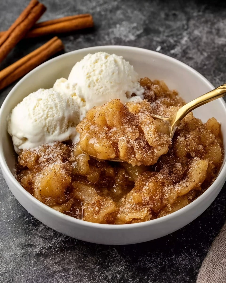 The image shows a white round bowl filled with a warm apple dessert that looks soft and sticky with cinnamon sugar sprinkled on top. The dessert has a golden brown crust with visible soft, syrupy apple pieces underneath. On one side of the bowl, two scoops of white vanilla ice cream rest, beginning to melt slightly into the dessert. A gold spoon is inside the bowl scooping some of the dessert. The bowl is placed on a dark grey stone surface with two cinnamon sticks nearby. Photo taken with an iphone --ar 4:5 --v 7
