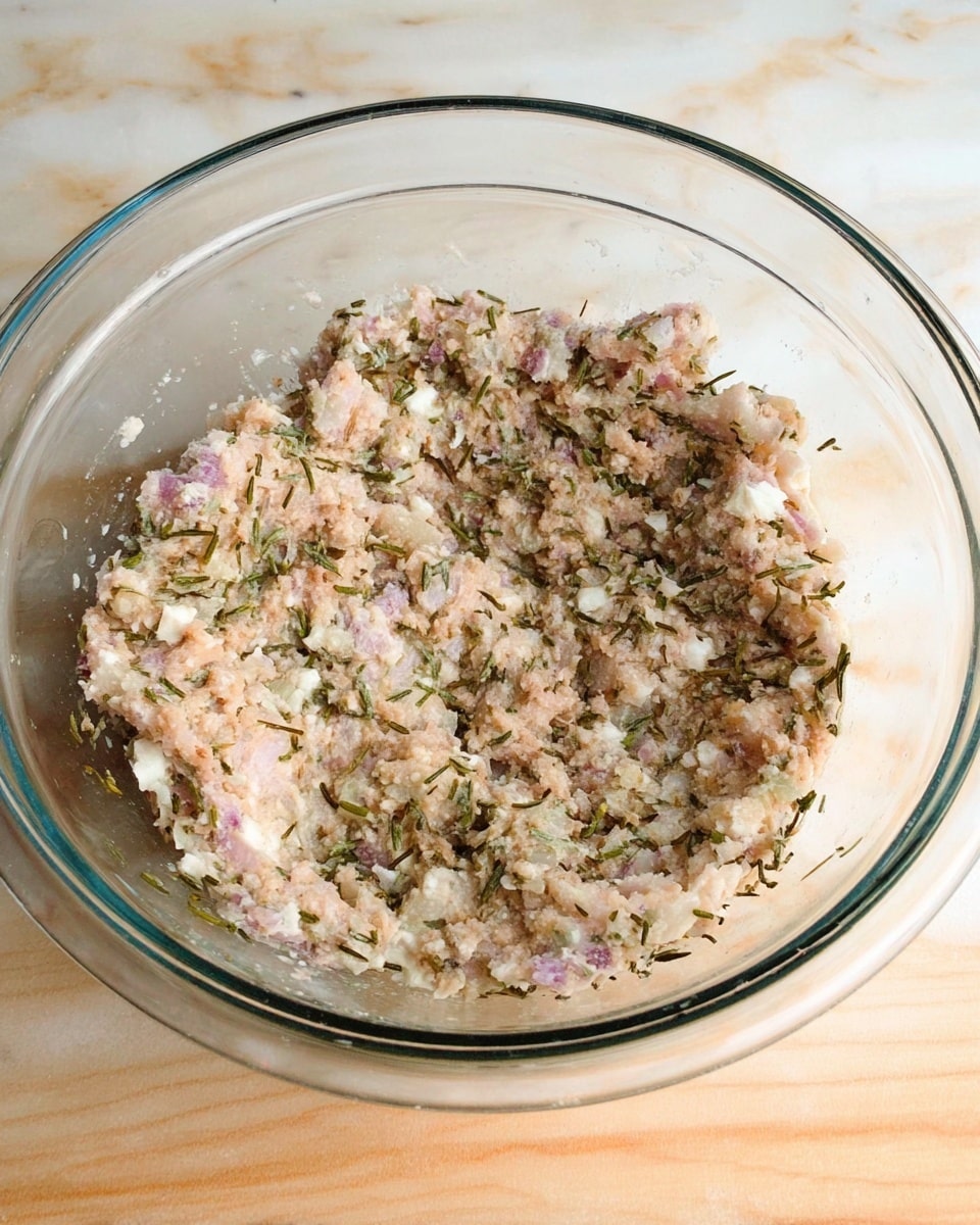 A clear glass bowl filled with a chunky mixture showing a blend of pale pink, white, and green bits evenly mixed together, with a slightly wet texture and visible small herb pieces scattered throughout, sitting on a white marbled surface photo taken with an iphone --ar 4:5 --v 7
