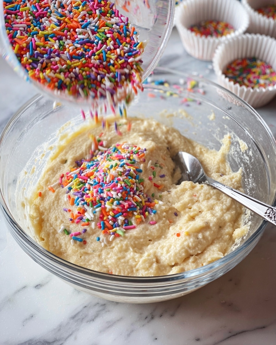 A clear glass bowl filled with a thick, pale yellow batter that has a slightly lumpy texture sits on a white marbled surface. A spoon with a silver handle rests inside the bowl on the right side, partially submerged in the batter. On top of the batter, colorful rainbow sprinkles red, pink, orange, yellow, green, blue, purple, and white,are being poured from a measuring cup held above the bowl. In the background, there are empty white cupcake liners. The photo is bright and clear, focused on the mixing bowl and sprinkles, showing detail in texture and colors photo taken with an iphone --ar 4:5 --v 7