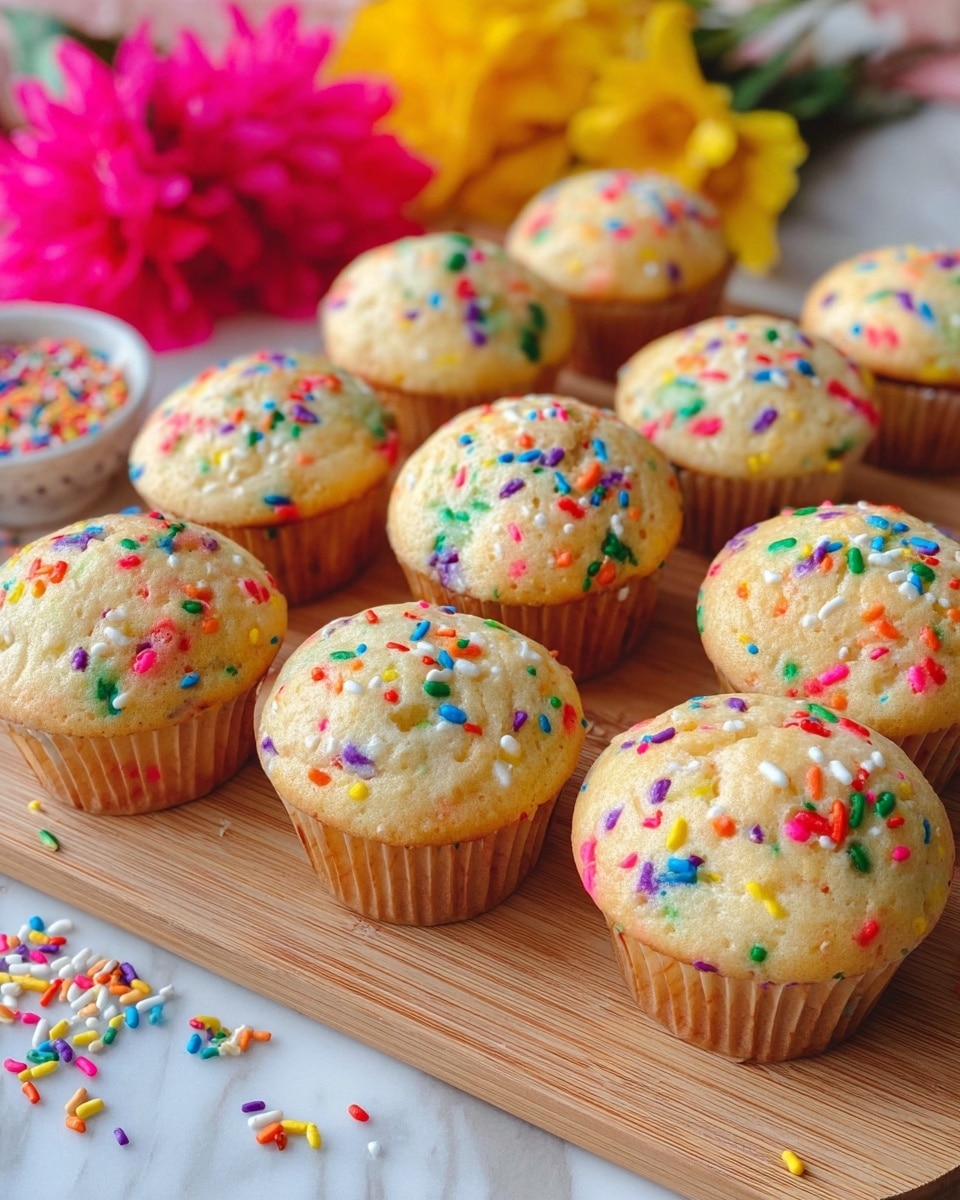 A group of ten colorful sprinkled muffins is arranged closely on a light wooden board resting on a white marbled surface. Each muffin has a golden top speckled with bright, multicolored sprinkles in red, blue, green, yellow, purple, orange, and white. The muffins are in light brown paper liners, showing the soft, slightly rounded tops with a smooth texture. Around the board and on the surface, some loose sprinkles add a festive touch. In the background, there is a bright bouquet of pink and yellow flowers slightly blurred. Photo taken with an iphone --ar 4:5 --v 7