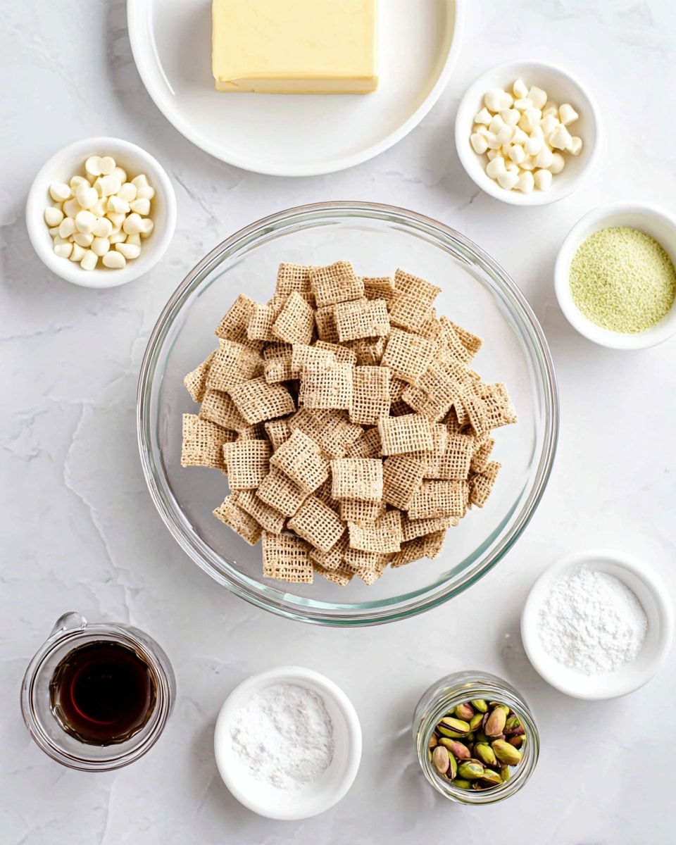 The image shows a clear glass bowl filled with many small, square-shaped beige cereal pieces with a waffle-like texture placed in the center on a white marbled surface. Surrounding the bowl are six smaller white bowls and plates: a white plate at the top with a block of pale yellow butter, a small white bowl on the left with white chocolate chips, another white bowl on the right holding light green powder, a small white bowl at the bottom filled with white powdered sugar, a small white dish on the lower left with dark brown vanilla extract, and a small glass jar on the lower right with green pistachio nuts. The setup is neat and visually balanced, and the photo has a clean, bright look. Photo taken with an iphone --ar 4:5 --v 7
