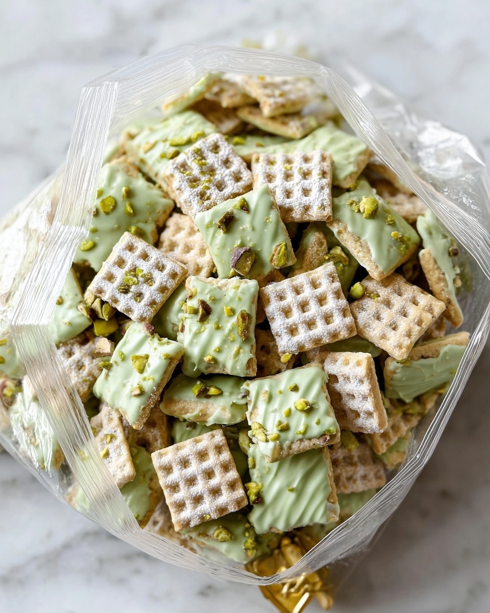 A clear plastic bag filled with many square waffle crackers in light beige color with a grid texture, some are plain with powdered sugar dusted on top, others are coated in smooth light green icing sprinkled with small pieces of chopped pistachios, the crackers are piled unevenly inside the bag which is open on a white marbled surface, showing a mix of matte and shiny textures from the plain and iced pieces, the light highlights the glossy green icing and the soft powder on some crackers photo taken with an iphone --ar 4:5 --v 7
