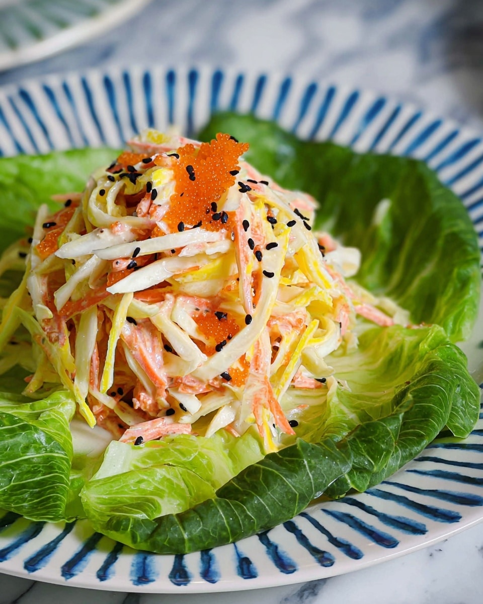 The image shows a close-up of a salad placed on large green lettuce leaves that form the bottom layer. On top of the lettuce, there is a mixed pile of thin strips in various colors: pale white, light orange, and bright yellow, with a creamy texture coating the strips. Scattered over the salad are small black and orange round seeds or roe that add texture and color contrast. The salad sits on a white plate with blue lines around the edge, and the whole scene has a white marbled surface in the background. photo taken with an iphone --ar 4:5 --v 7