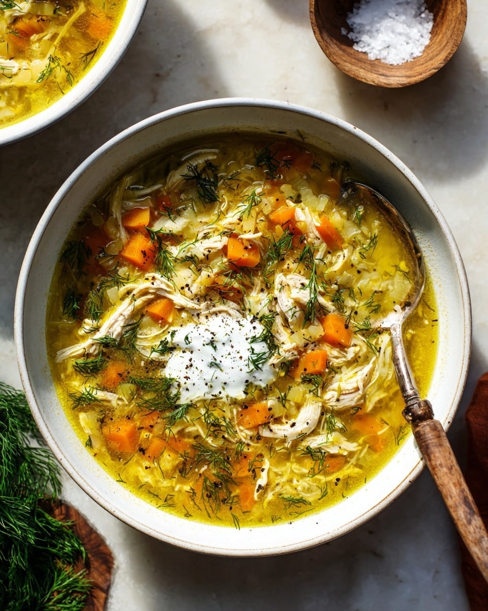 A shallow white bowl filled with chicken soup showing three main layers: a bright yellow broth at the base, with small pieces of shredded chicken mixed evenly throughout; floating diced orange carrots and translucent celery pieces adding texture; the top layer is dotted with green fresh dill sprigs and a dollop of white cream in the center, sprinkled lightly with black pepper. A rustic spoon with a wooden handle rests inside the bowl near the edge, all placed on a white marbled surface with another white bowl partially showing in the top right and a small wooden bowl of coarse salt in the top left. Photo taken with an iphone --ar 4:5 --v 7
