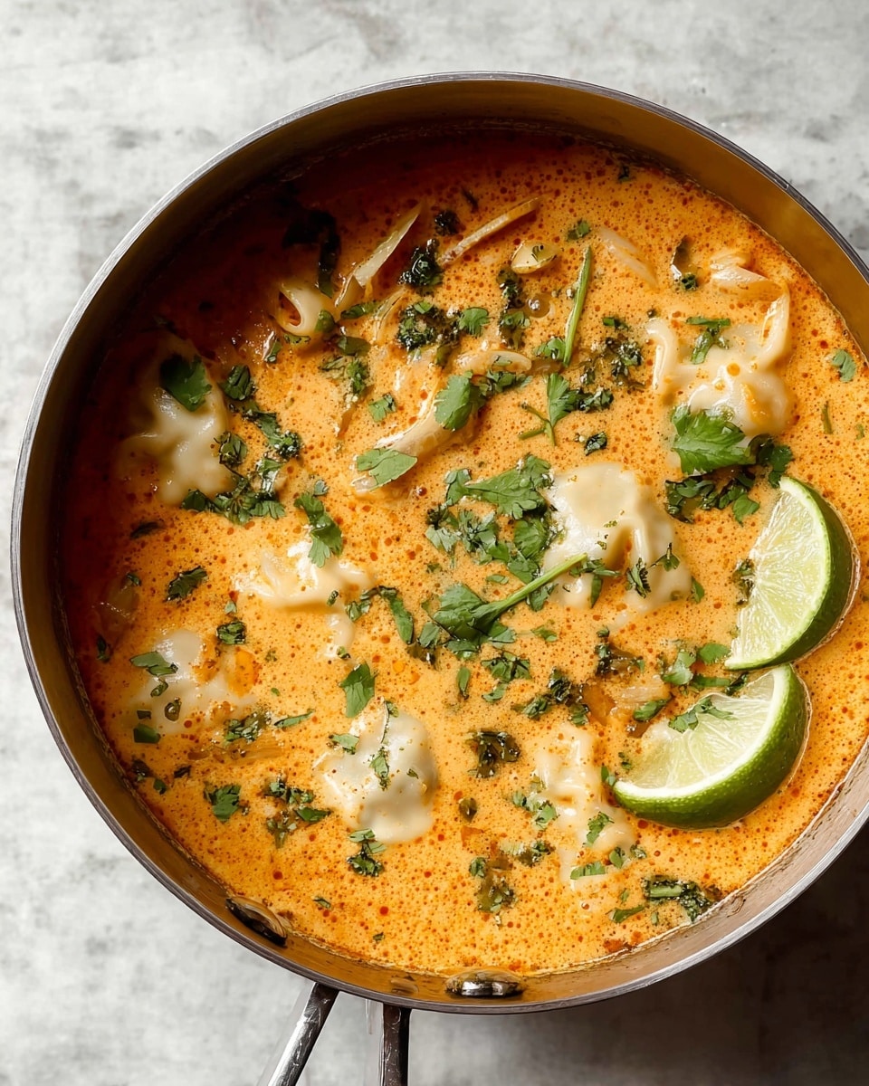 A silver pot filled with creamy orange soup, with white dumplings floating through it. The soup has green herbs sprinkled on top, with fresh cilantro leaves and bright green lime wedges resting on the surface. The soup looks rich and smooth with some chunks of vegetables visible, all set on a white marbled texture. photo taken with an iphone --ar 4:5 --v 7