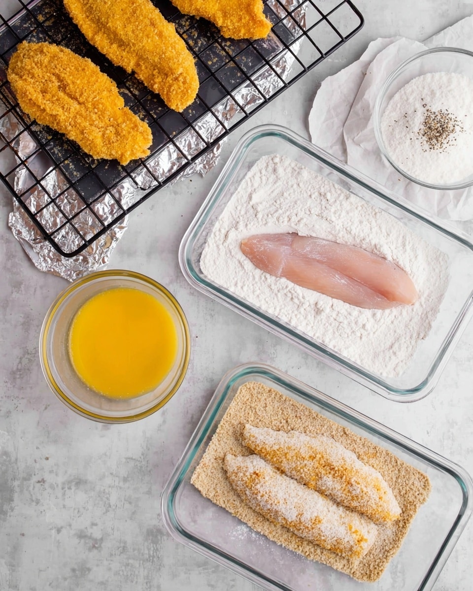 The image shows a food preparation scene on a white marbled surface with three clear rectangular glass containers placed close to each other. The top container is filled with white flour and has a raw light pink chicken tender resting on it, partially covered with flour. The bottom left container holds a yellow beaten egg liquid, with another chicken tender dipped in it, showing some flour on its surface. The bottom right container contains a light brown breadcrumb coating, with a chicken tender placed in it, almost completely covered with breadcrumbs. To the top right, there are two raw chicken tenders resting on white parchment paper, sprinkled lightly with black pepper and salt. On the top left, golden-brown breaded chicken tenders are placed on a black cooling rack lined with foil underneath. Photo taken with an iphone --ar 4:5 --v 7
