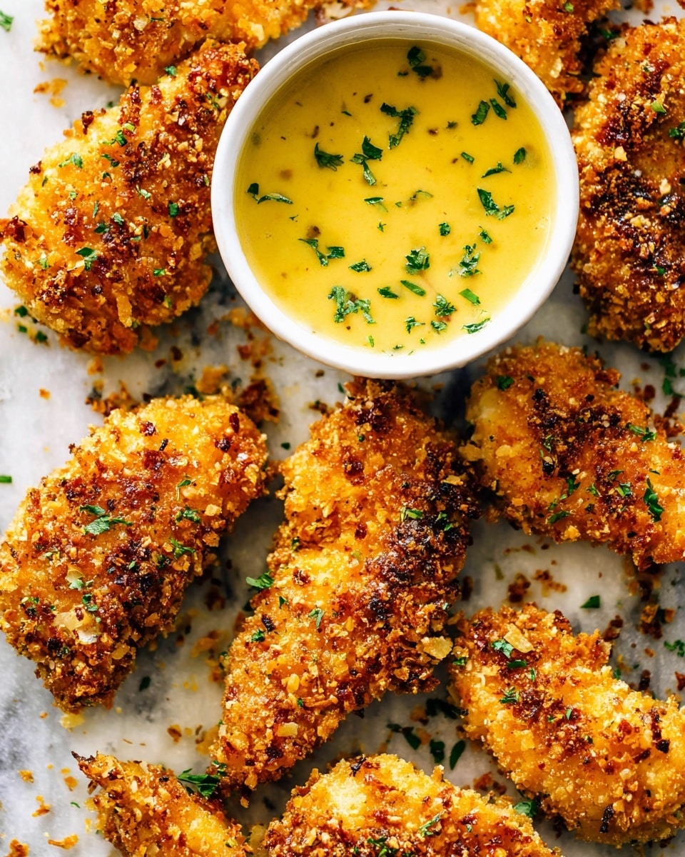 The image shows several pieces of golden brown crispy fried chicken arranged on a white marbled surface. Each chicken piece is coated with a crunchy, textured breading with darker toasted spots and small green herb bits sprinkled on top. In the middle of the arrangement, there is a small white bowl filled with a smooth, creamy yellow dipping sauce, lightly speckled with herbs. The chicken pieces are placed close around the bowl, with crumbs scattered on the white marbled surface, adding a rustic look. photo taken with an iphone --ar 4:5 --v 7
