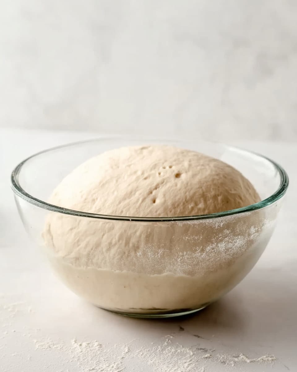 A clear glass bowl sits on a white marbled surface, filled with a large, smooth ball of pale beige dough that has risen and softly presses against the sides of the bowl. The dough’s texture appears soft and slightly shiny, showing gentle air bubbles beneath the surface. Behind, a woman’s hand is partially visible, resting on the white marbled surface near the bowl. The background is simple and plain, keeping the focus on the dough and bowl. photo taken with an iphone --ar 4:5 --v 7