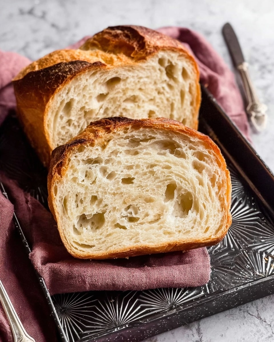 The image shows two thick slices of golden brown bread with a soft, airy inside placed on a black tray with a textured star pattern. The bread's crust is crispy and slightly shiny, while the inside has a light cream color with large, uneven holes typical of artisan bread. A pink cloth is partly visible under the slices, and a silver butter knife rests beside the bread on the tray. The surface around the tray is a white marbled texture. photo taken with an iphone --ar 4:5 --v 7