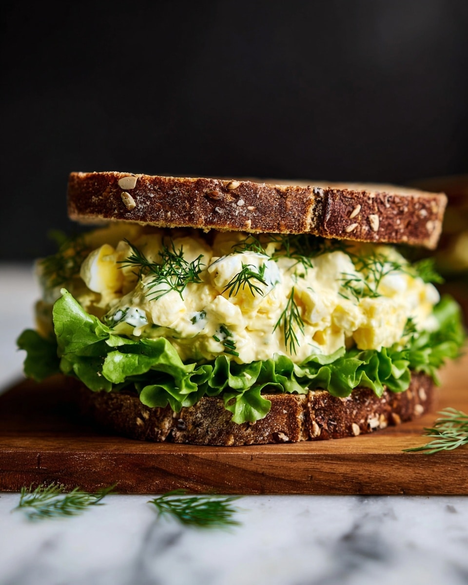 A sandwich with three main layers sits on a wooden board over a white marbled surface. The bottom layer is a slice of dark brown bread with visible seeds and grains. On top of this is a layer of fresh, bright green leafy lettuce that curls gently at the edges. Above the lettuce is a thick, creamy egg salad filling, pale yellow with white chunks and small green herb pieces mixed in, giving it a slightly lumpy texture. Sprigs of fresh dill are scattered on and around the egg salad. The sandwich is finished with a second slice of the same dark seeded bread on top. The background is dark, highlighting the sandwich's colors and textures sharply. photo taken with an iphone --ar 4:5 --v 7